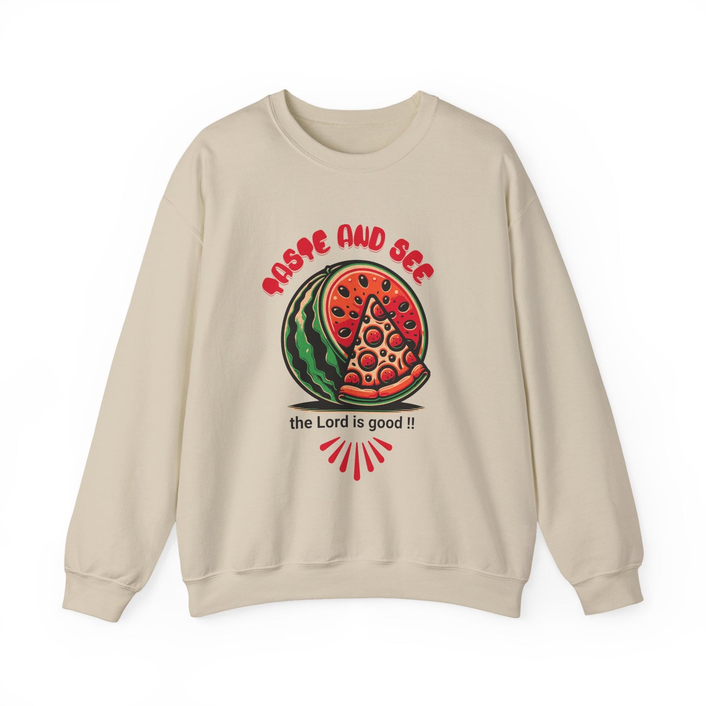 Beige crewneck sweatshirt with faith-based 'Taste and See the Lord is Good' scripture quote and colorful food graphic. Cozy religious fashion piece.