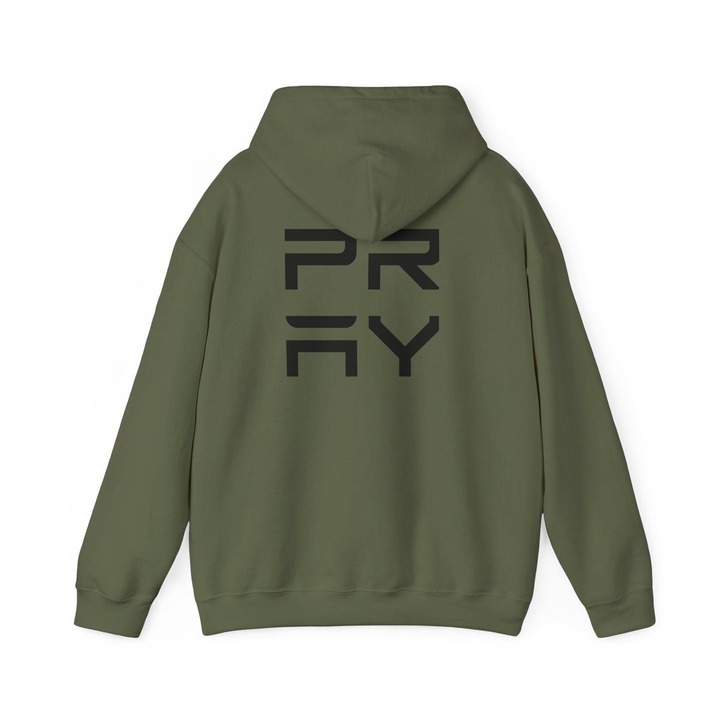 Back of olive green Pray hoodie with bold black print, unisex fit and warm fleece interior for everyday wear.