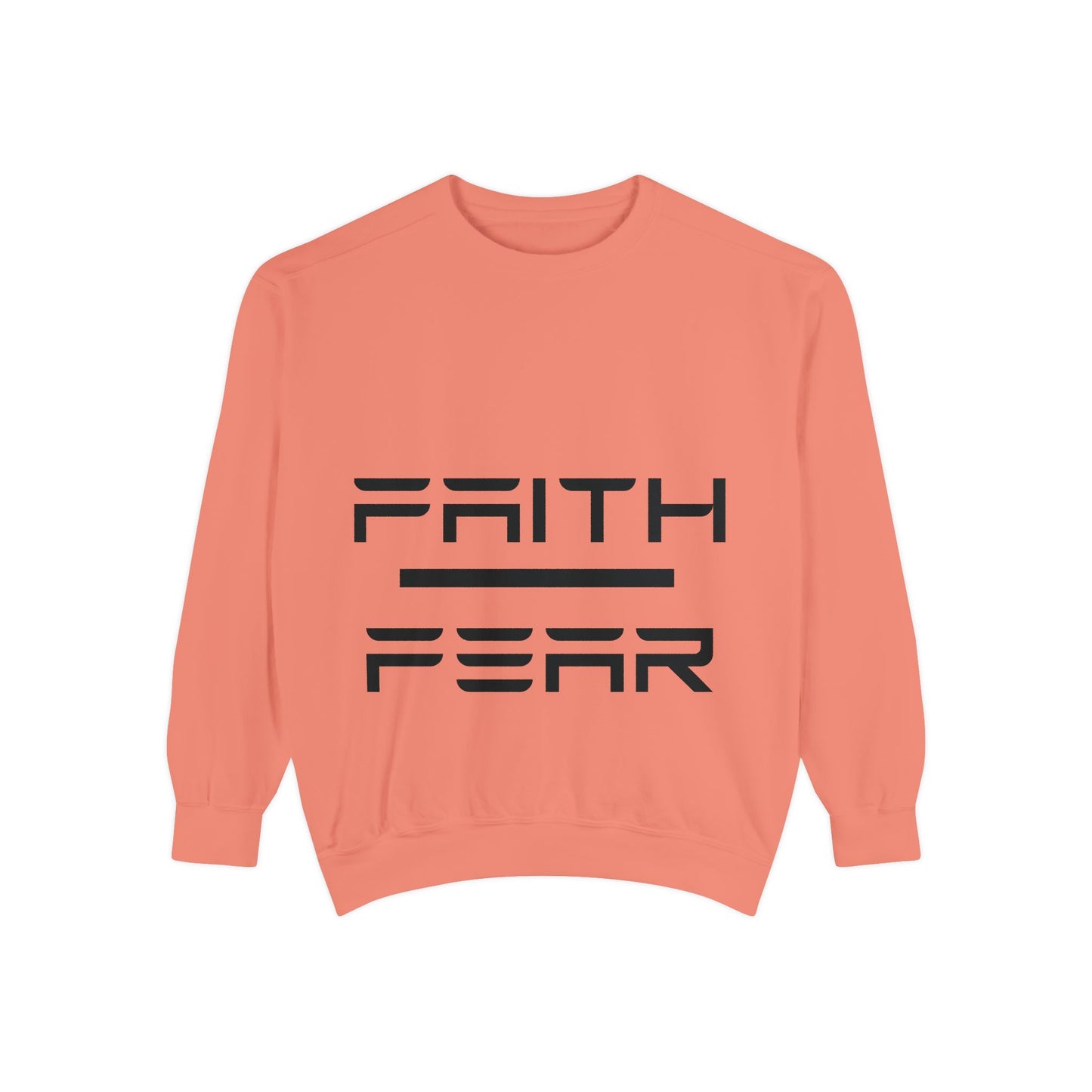 Coral Faith Over Fear sweatshirt featuring modern black lettering, cozy unisex pullover ideal for casual style and inspirational support.
