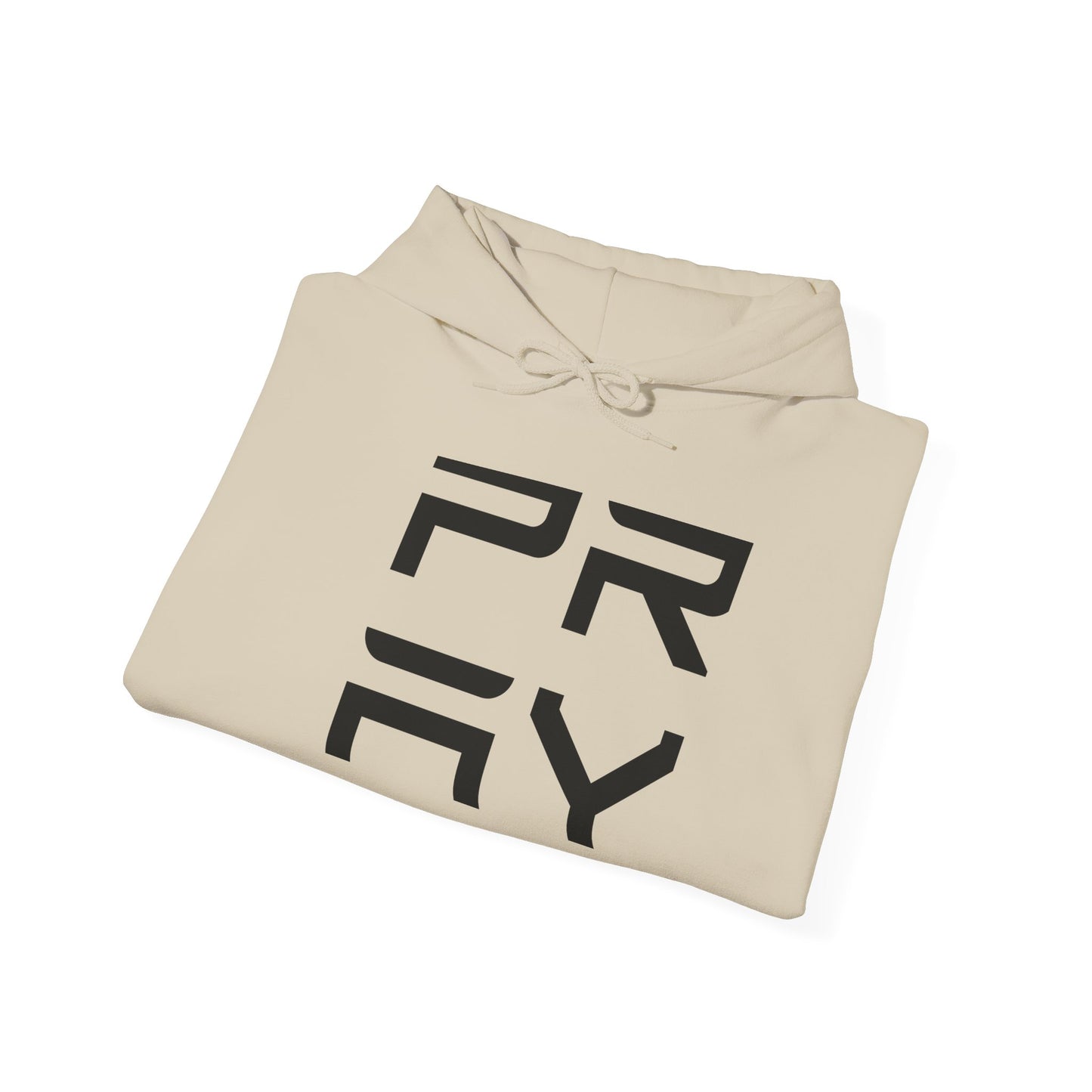 Folded beige Pray hoodie with black text, highlighting cozy material and drawstring hood for stylish layering.