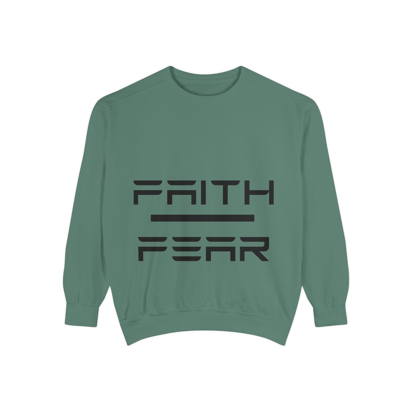 Sage green Faith Over Fear sweatshirt with bold black font, cozy unisex pullover perfect for casual wear and religious apparel gifting.