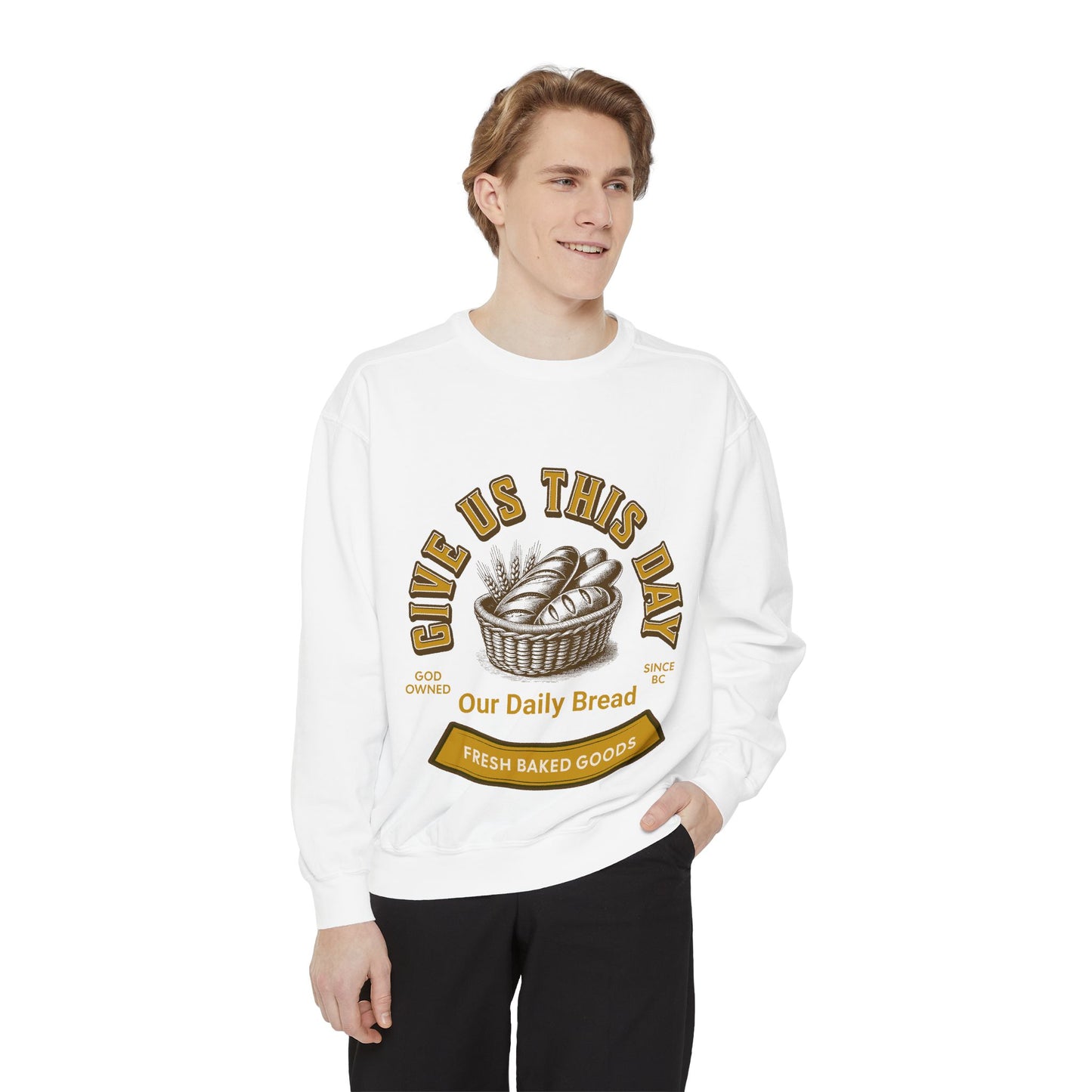 Model wearing white Inspirational Crewneck Sweatshirt with 'Give us this Day Our Daily Bread' print. Stylish Christian gift for men or women.