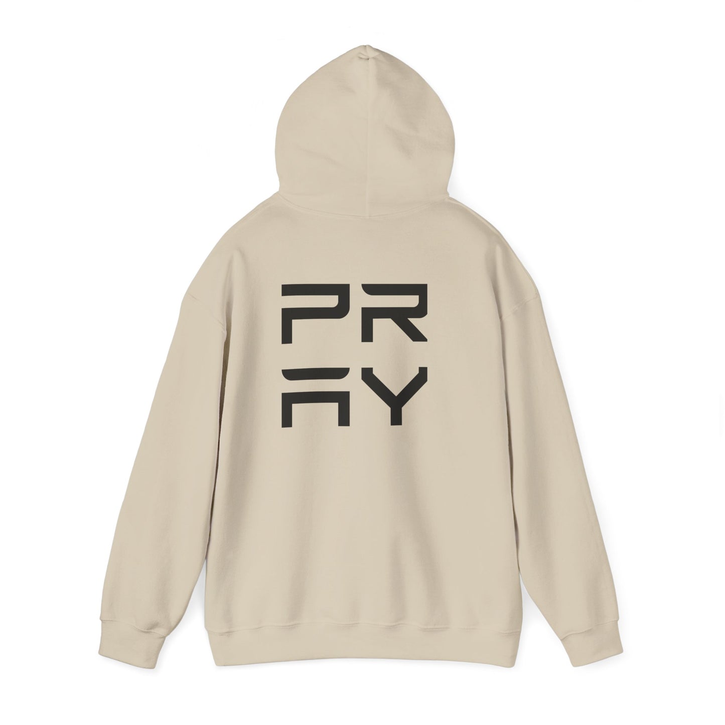 Beige Pray hoodie shown from the back, featuring large black graphic and relaxed silhouette for casual fashion.