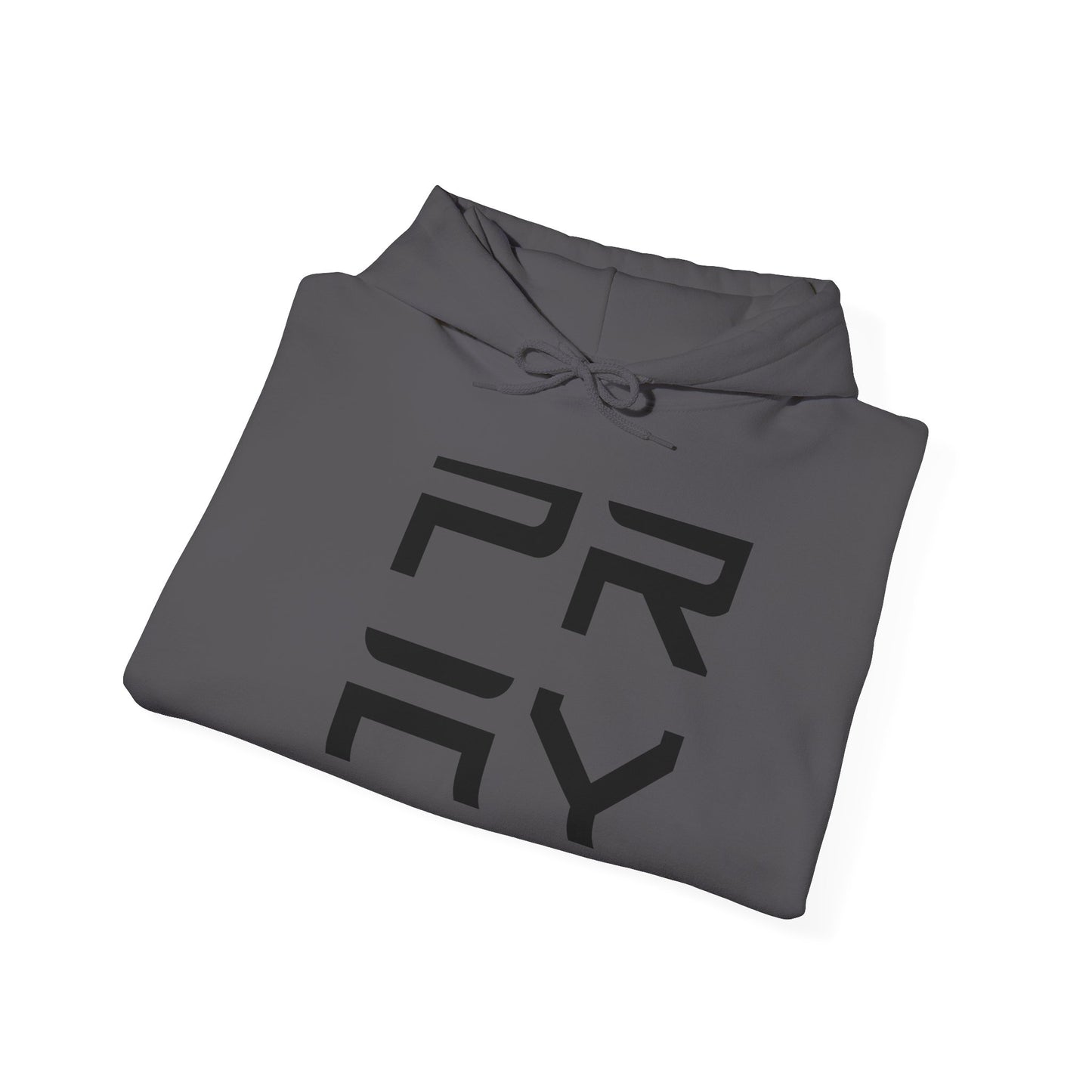 Folded charcoal gray Pray hoodie with black print, showcasing soft cotton-poly blend and drawstring hood.