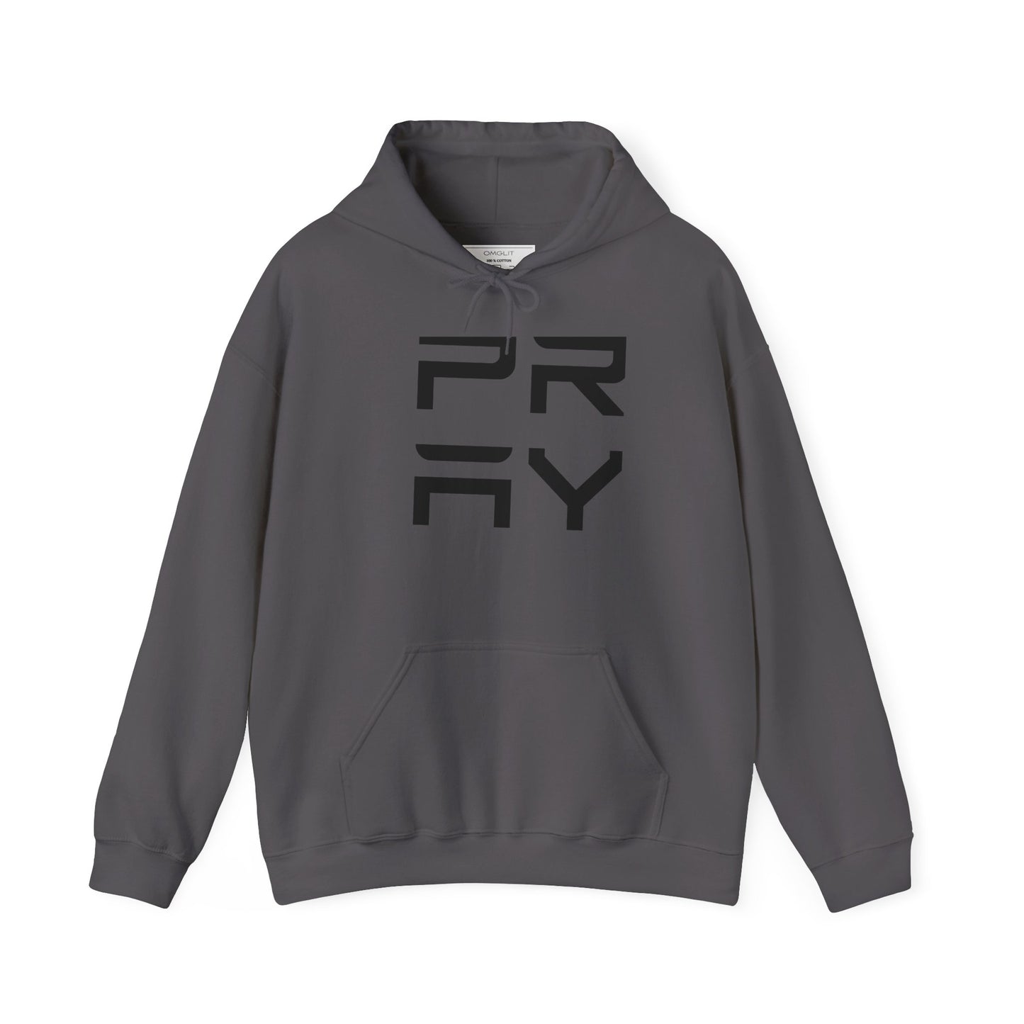 Charcoal gray Pray hoodie for men and women, featuring bold black graphic, kangaroo pocket and adjustable drawstring hood for warmth.