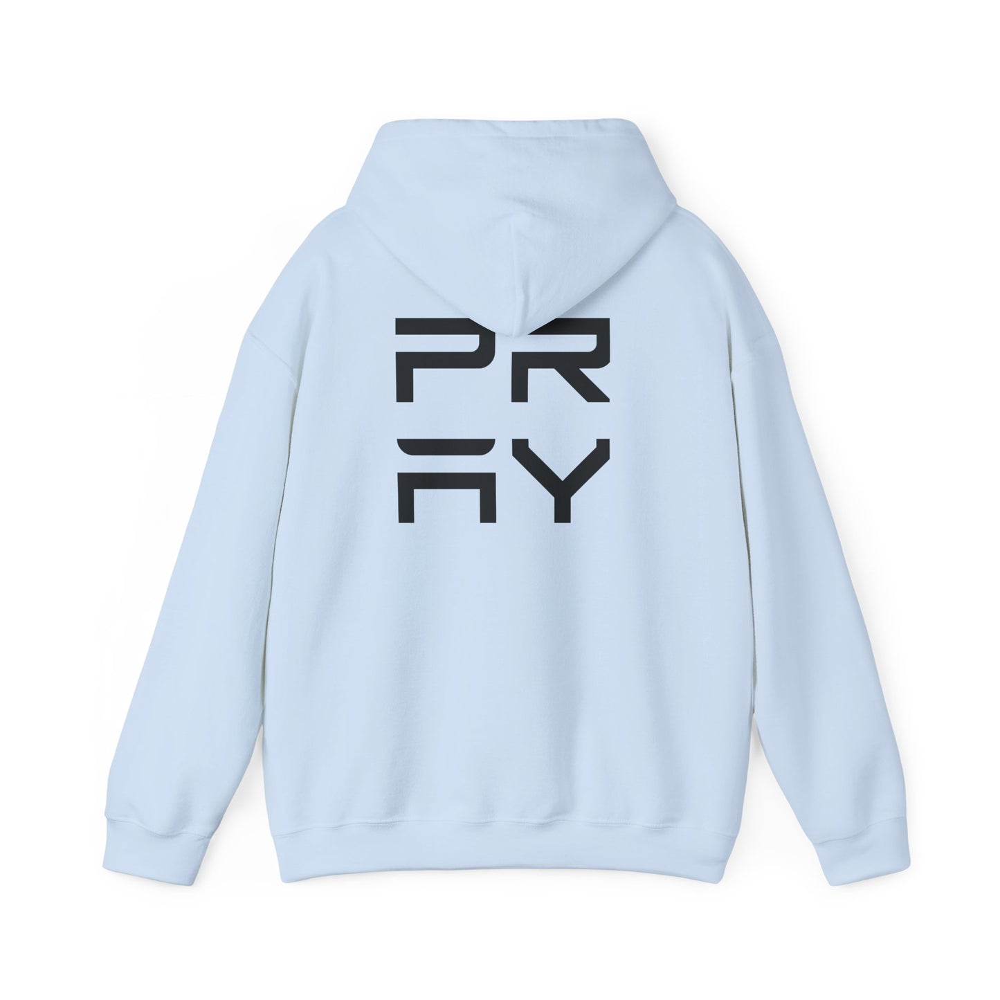 Back view of light blue Pray hoodie with bold black graphic, unisex fit and cozy fleece lining for cool weather comfort.