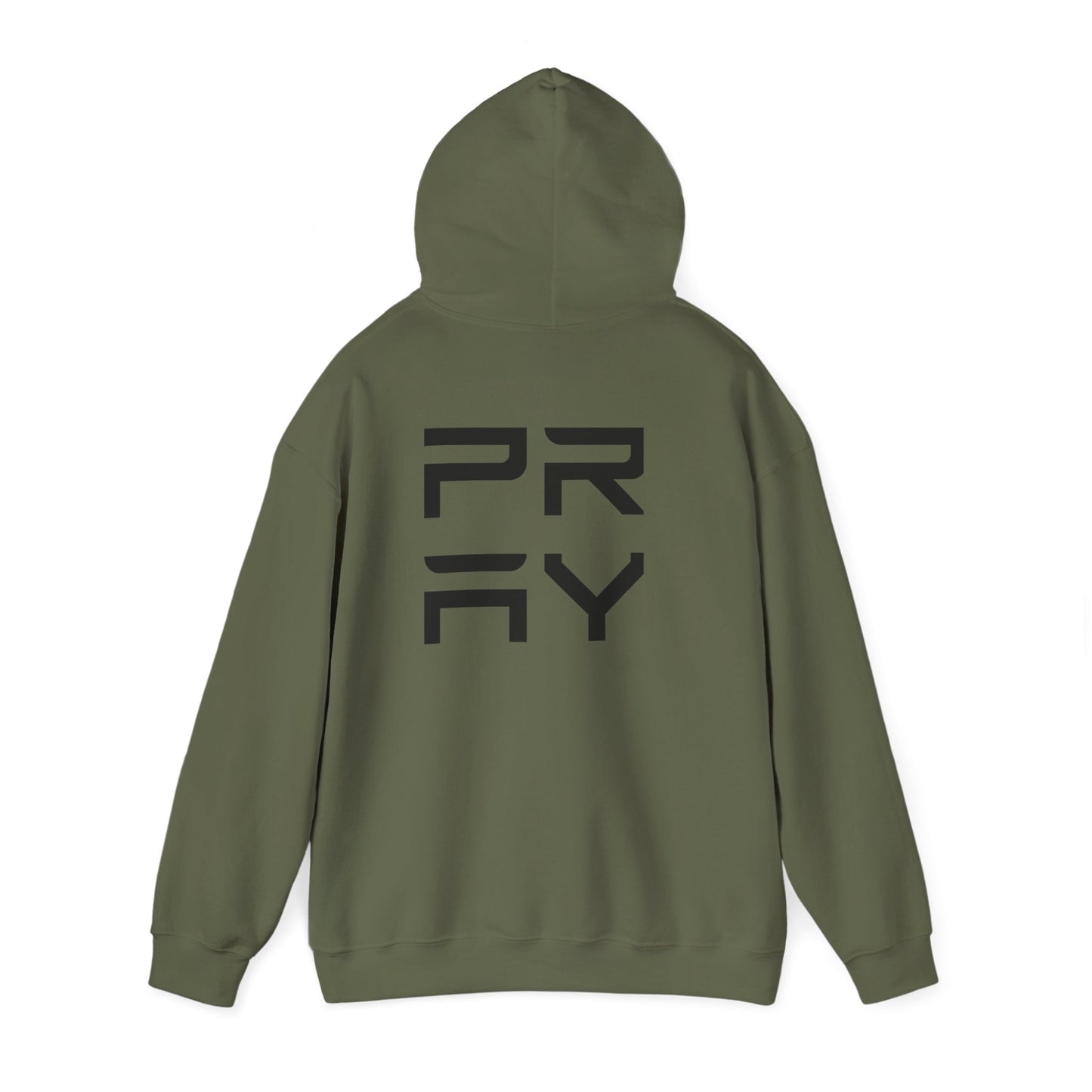 Olive green Pray hoodie shown from the back, featuring large black graphic and relaxed fit for streetwear style.