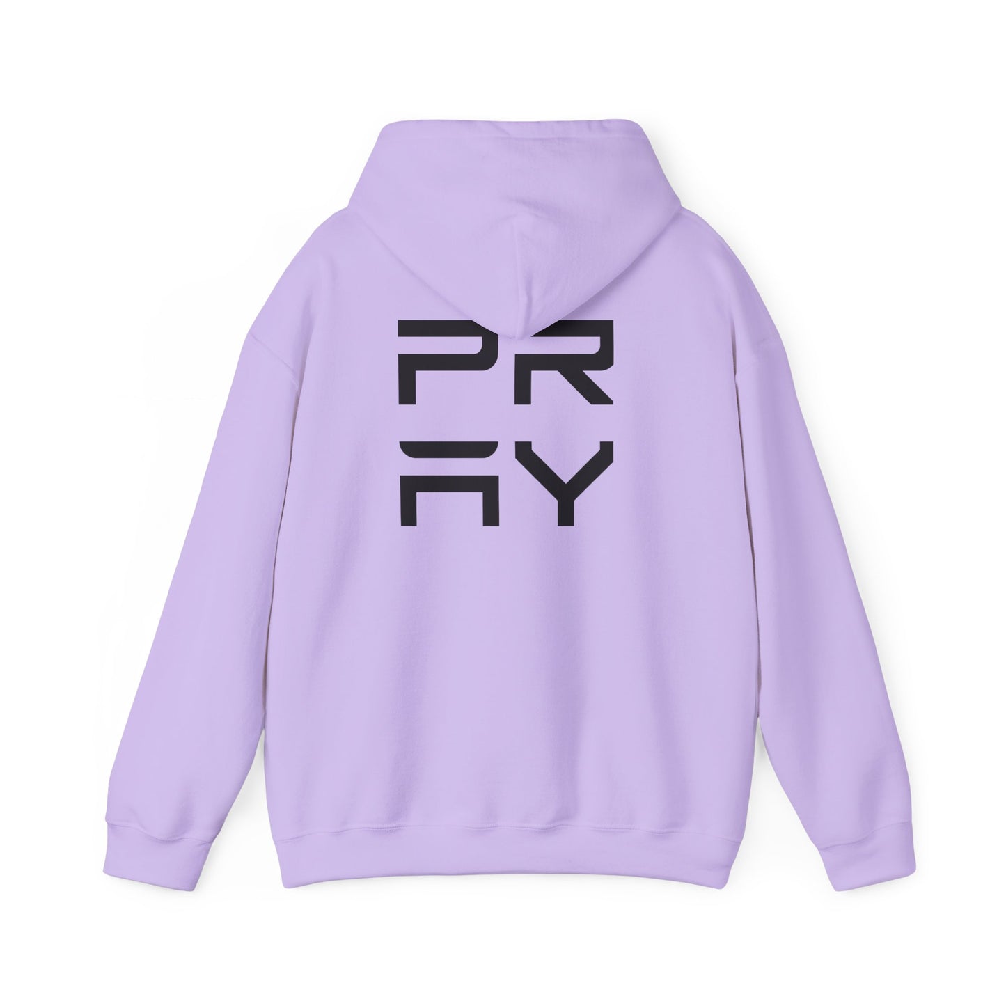 Back view of lavender Pray hoodie with bold black graphic, unisex fit and cozy fleece lining for stylish warmth.
