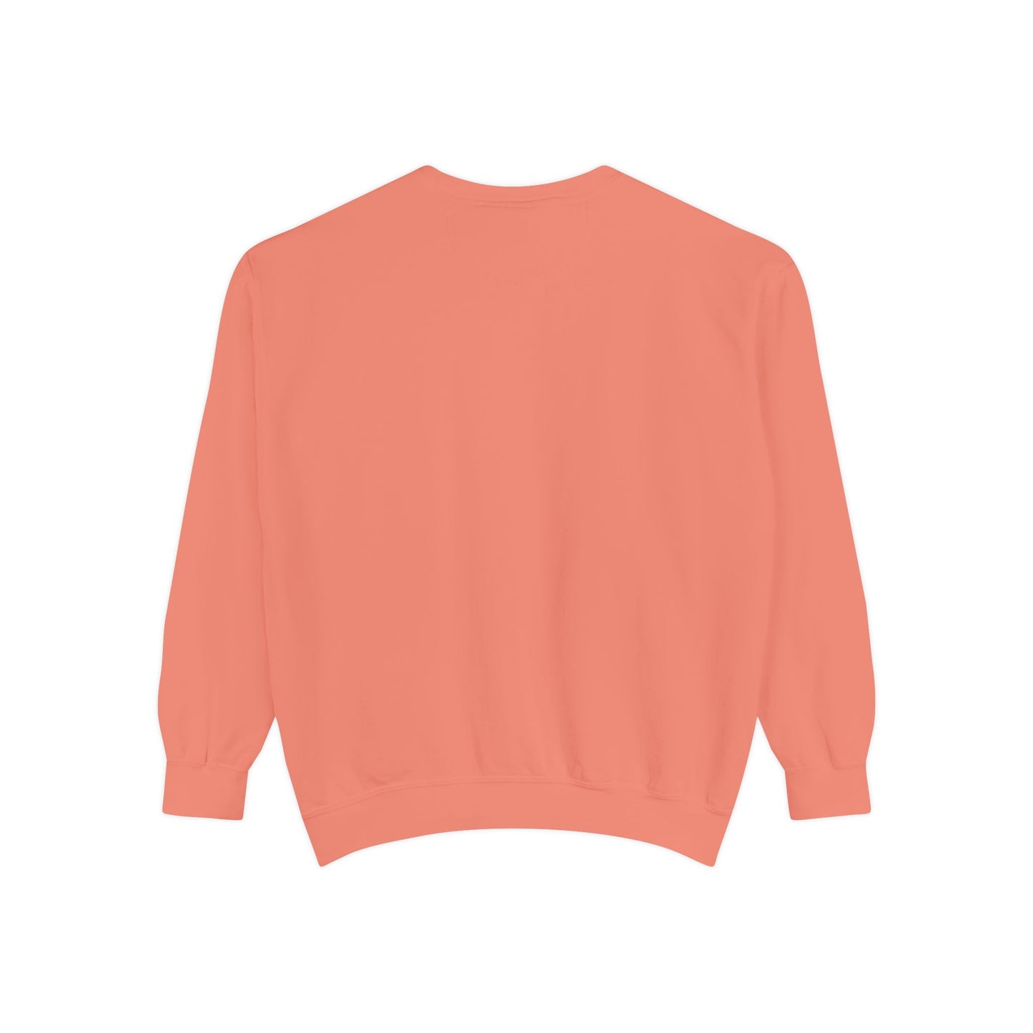 Back view of coral Faith Over Fear sweatshirt, showcasing solid color and soft fabric, ideal for cozy unisex casual wear.