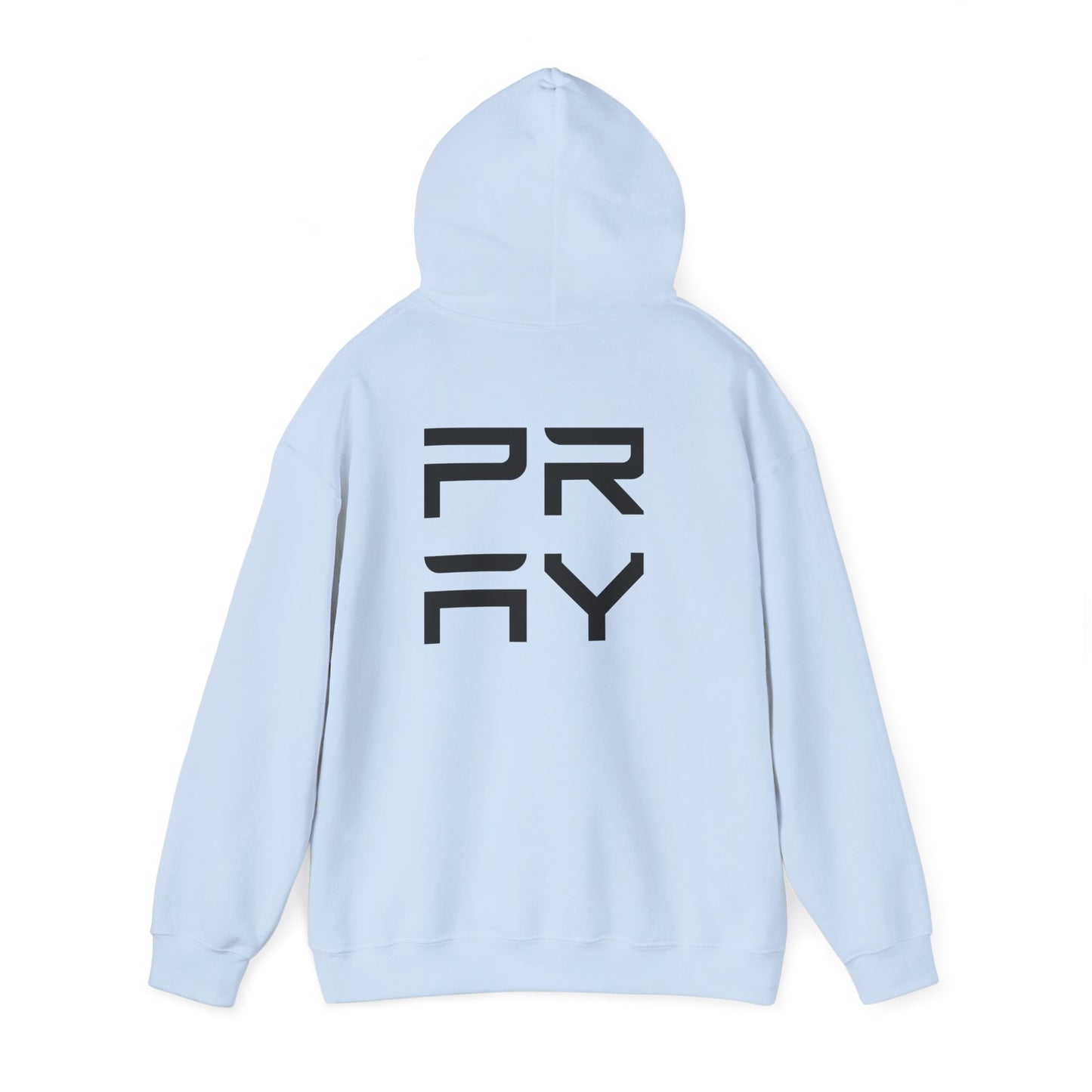 Light blue Pray hoodie shown from the back, featuring large black text and relaxed silhouette for casual outfits.