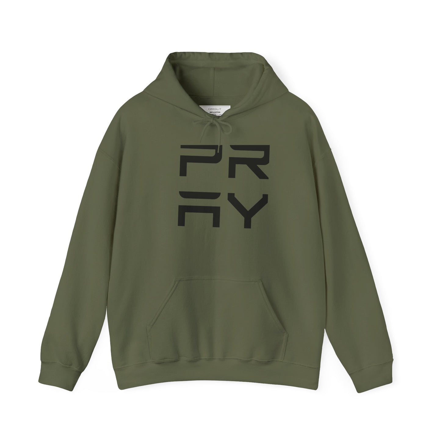 Olive green unisex Pray hoodie with minimalist black text design, warm fleece lining and front pouch pocket for casual streetwear style.