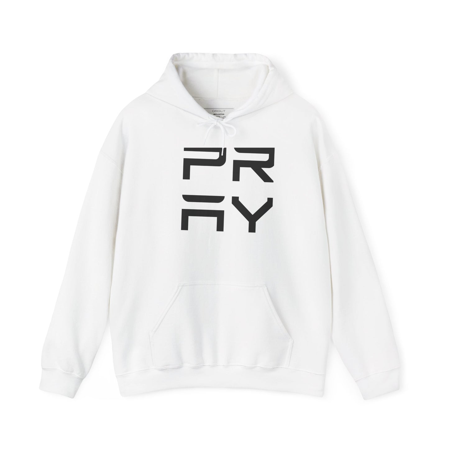 White unisex Pray hoodie sweatshirt with bold black graphic text, cozy cotton-poly blend and kangaroo pocket for stylish warmth.