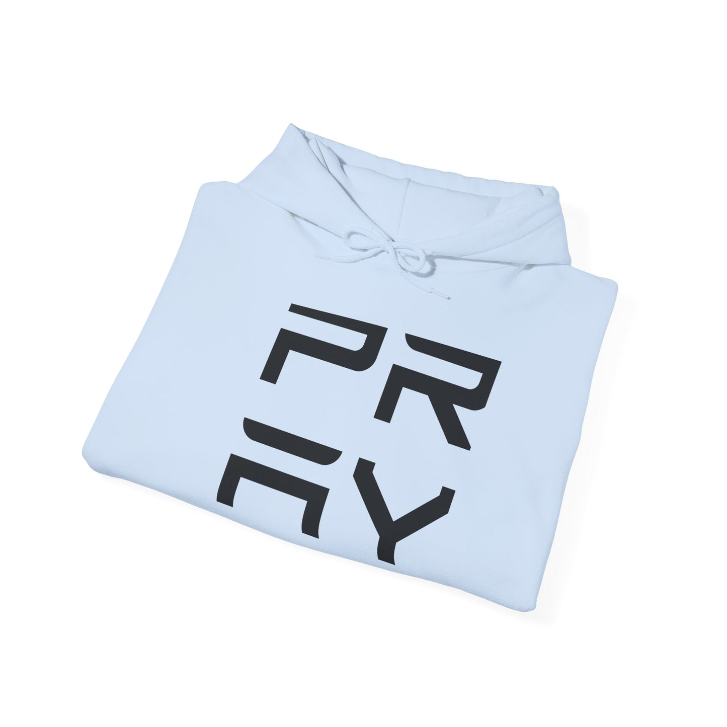 Folded light blue Pray hoodie with black lettering, highlighting soft fabric and drawstring hood for cozy layering.