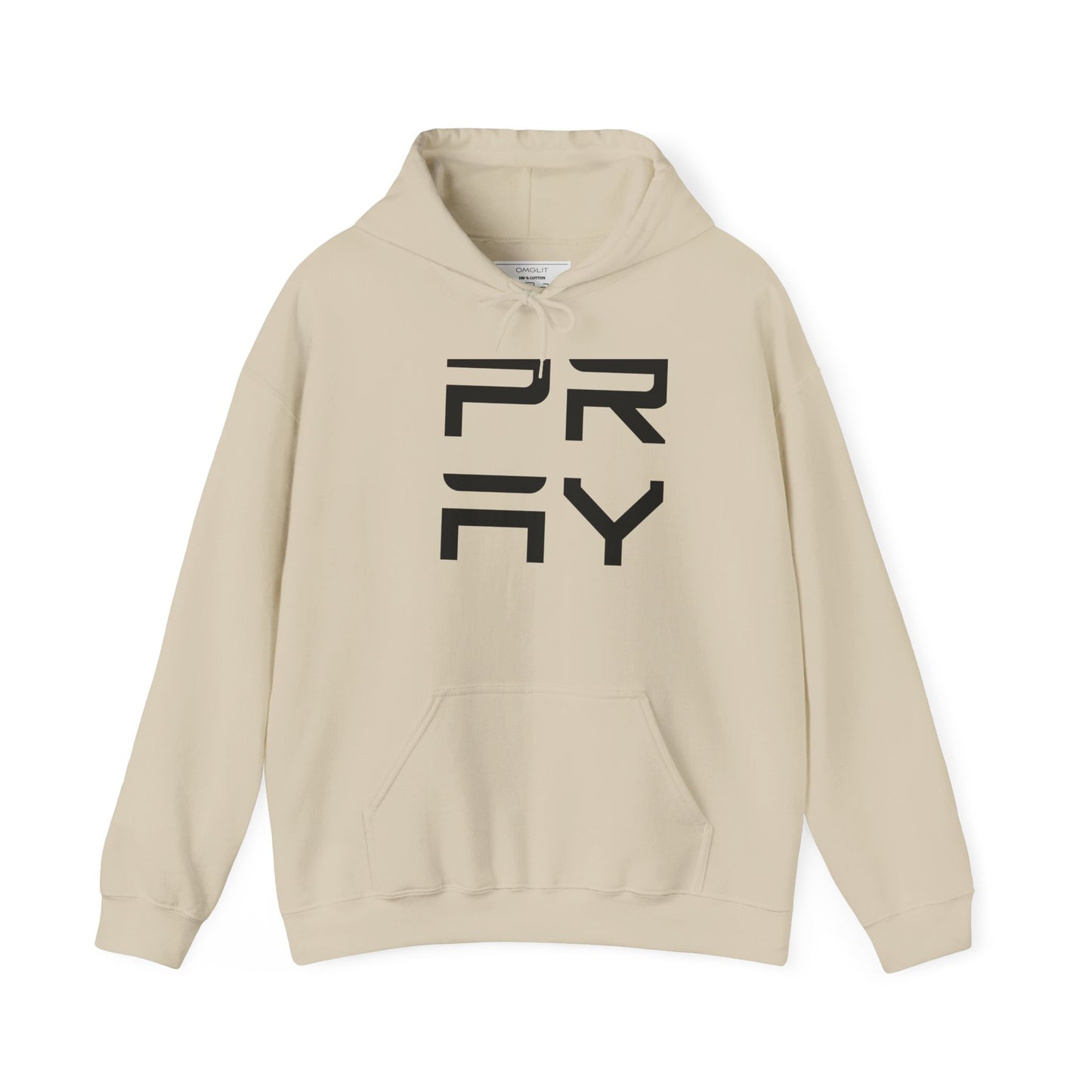 Beige Pray hoodie sweatshirt in unisex fit, featuring bold black lettering, soft fleece interior and drawstring hood for everyday comfort.