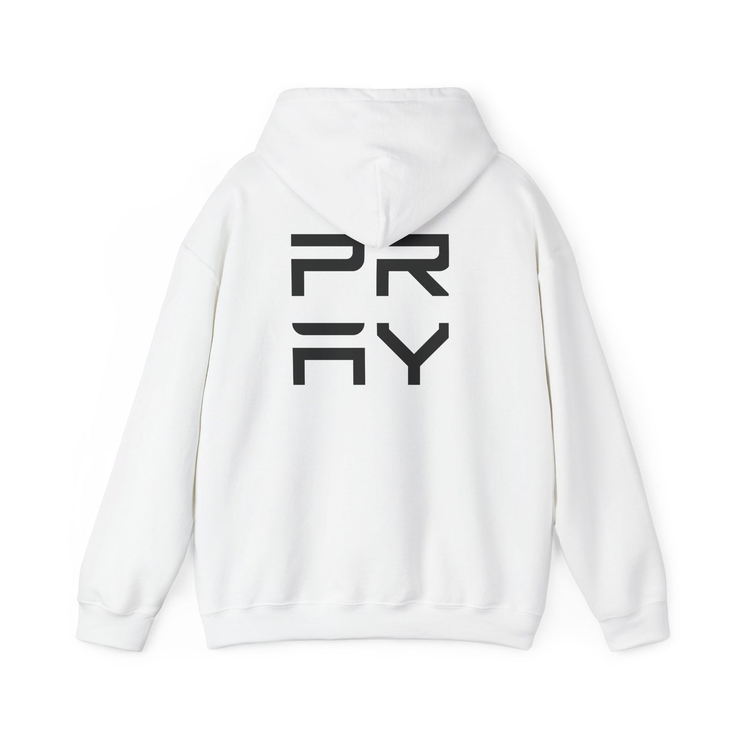 Back view of white Pray hoodie sweatshirt with large black vertical text, unisex fit and cozy cotton-poly blend for daily wear.