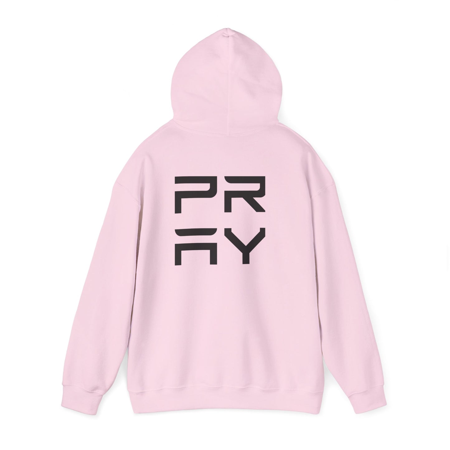 Pink Pray hoodie shown from the back, featuring large black text and relaxed fit for casual streetwear.