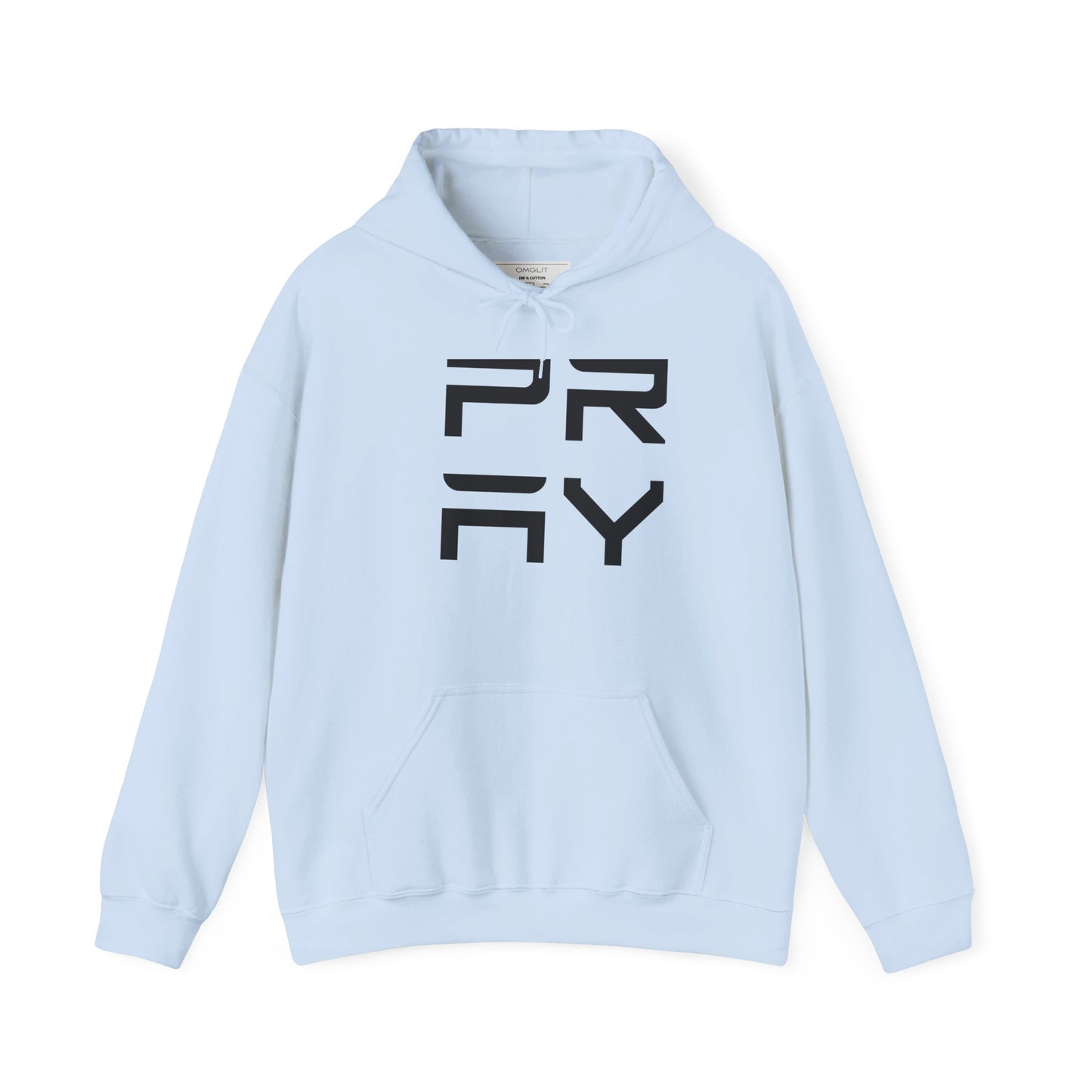 Light blue Pray hoodie sweatshirt with black vertical text, unisex fit and cozy fabric blend ideal for layering in cool weather.