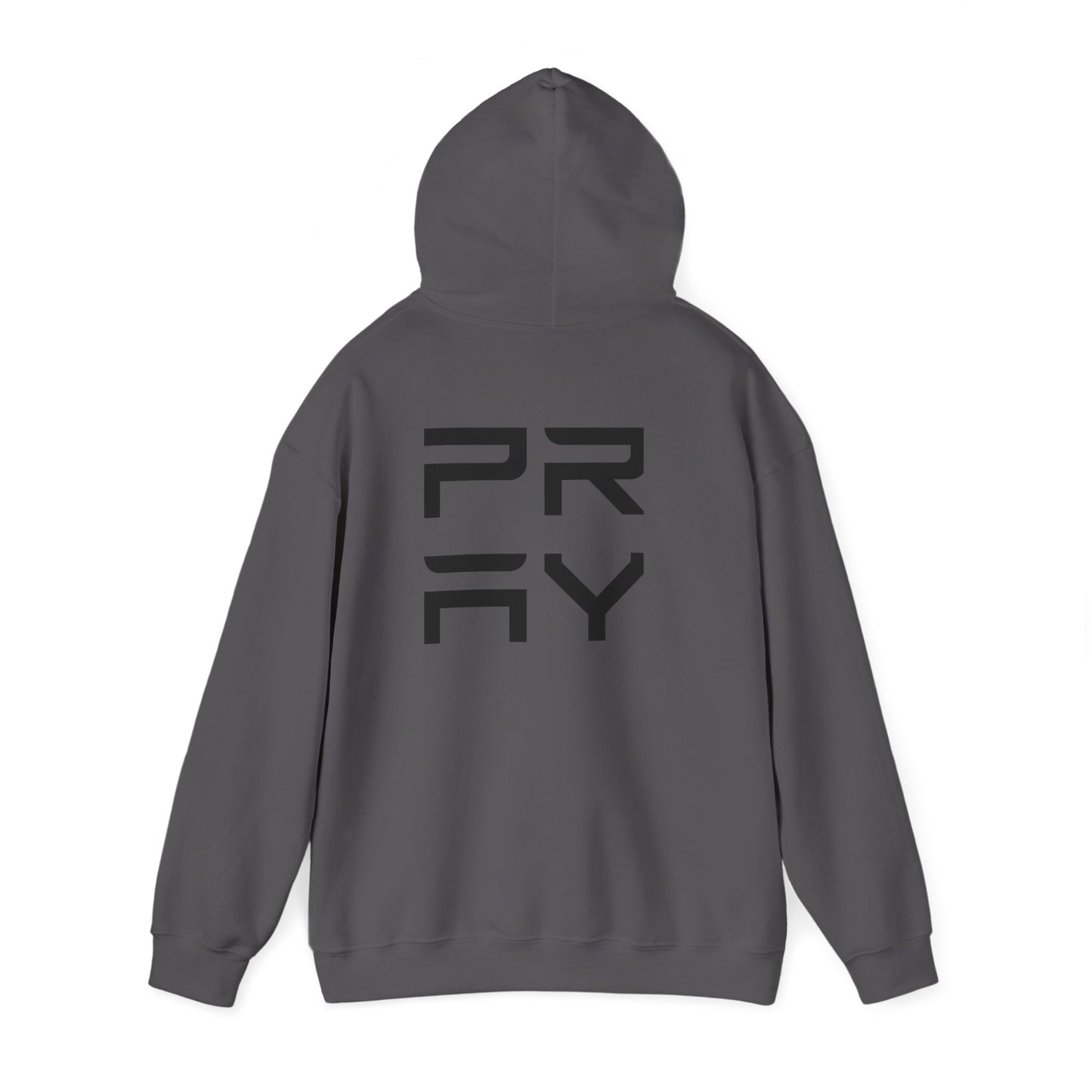 Charcoal gray Pray hoodie shown from the back, featuring large black text and relaxed fit for modern streetwear.