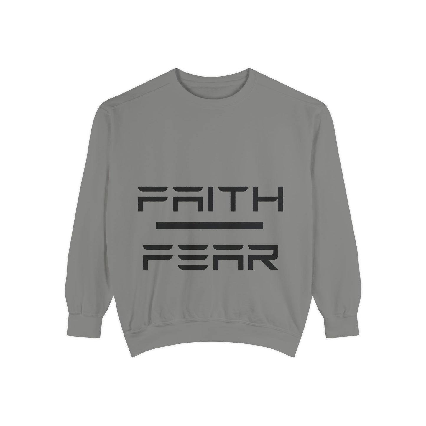 Gray Faith Over Fear sweatshirt with sleek black graphic text, unisex pullover for everyday comfort and motivational streetwear style.