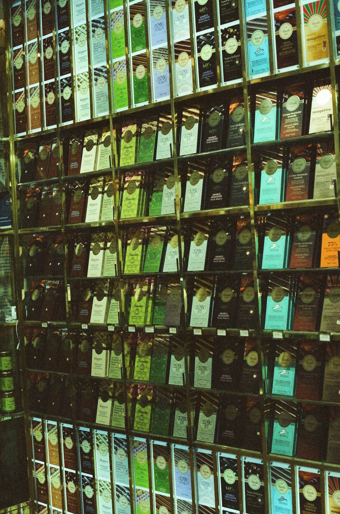 Shelves filled with colorful chocolate bars