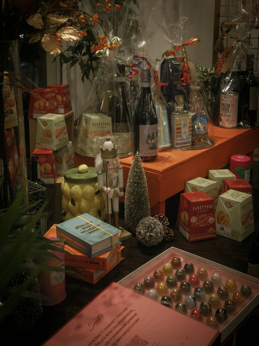 Christmas gift display with chocolates and wine