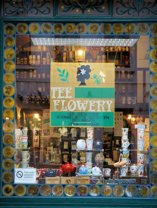 Shop window display for tee flowery tea shop.