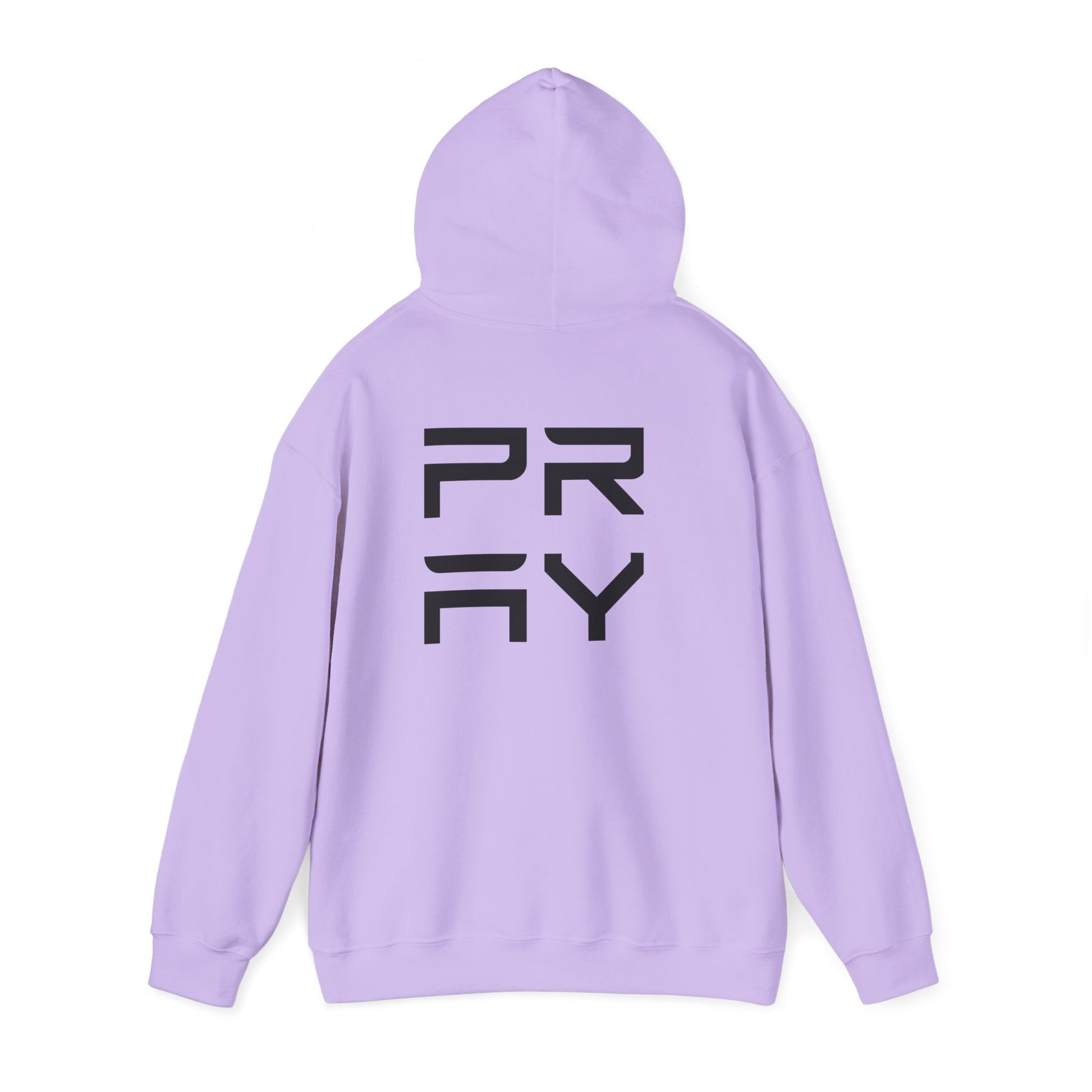 Lavender Pray hoodie shown from the back, featuring large black text and relaxed silhouette for casual comfort.