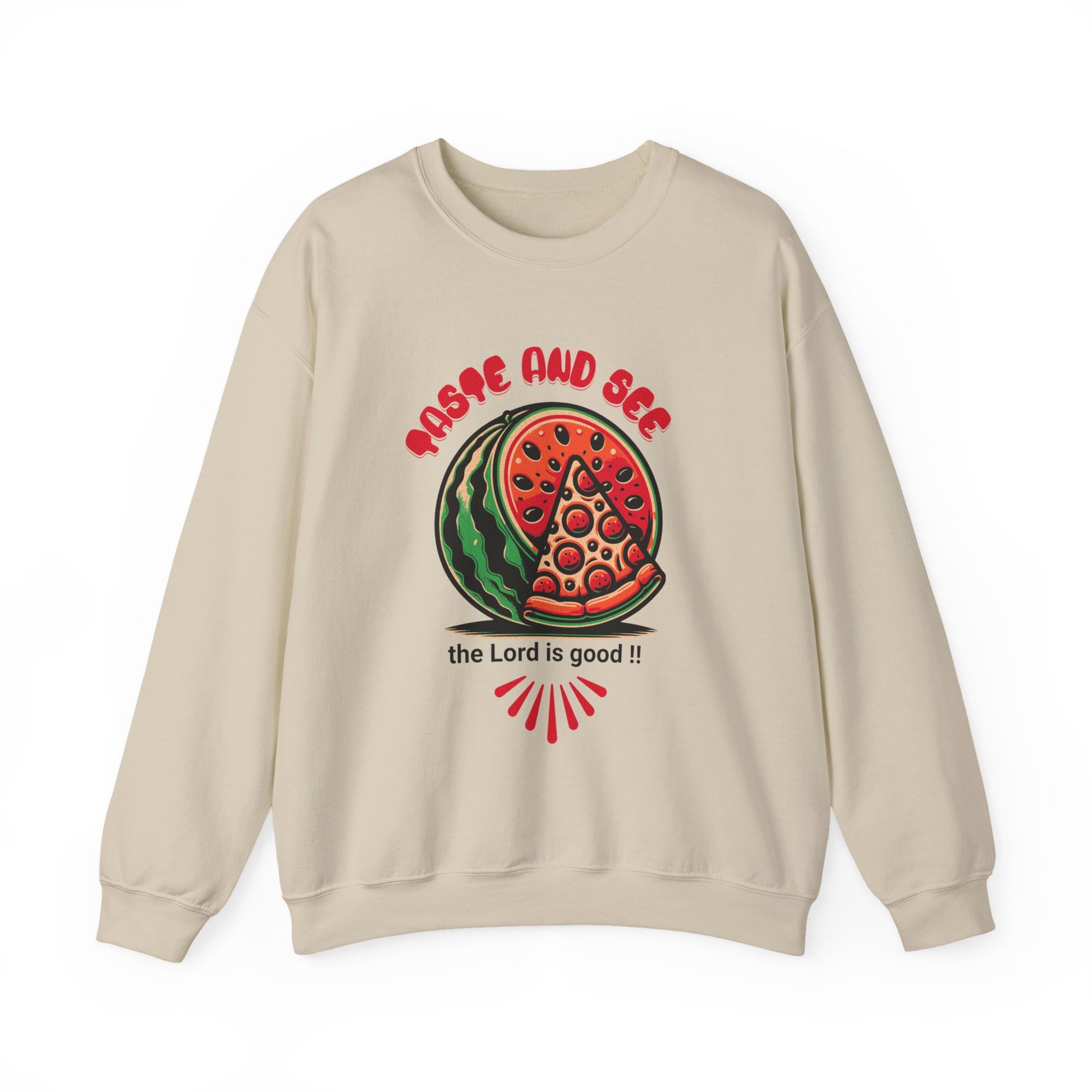 Beige crewneck sweatshirt with faith-based 'Taste and See the Lord is Good' scripture quote and colorful food graphic. Cozy religious fashion piece.