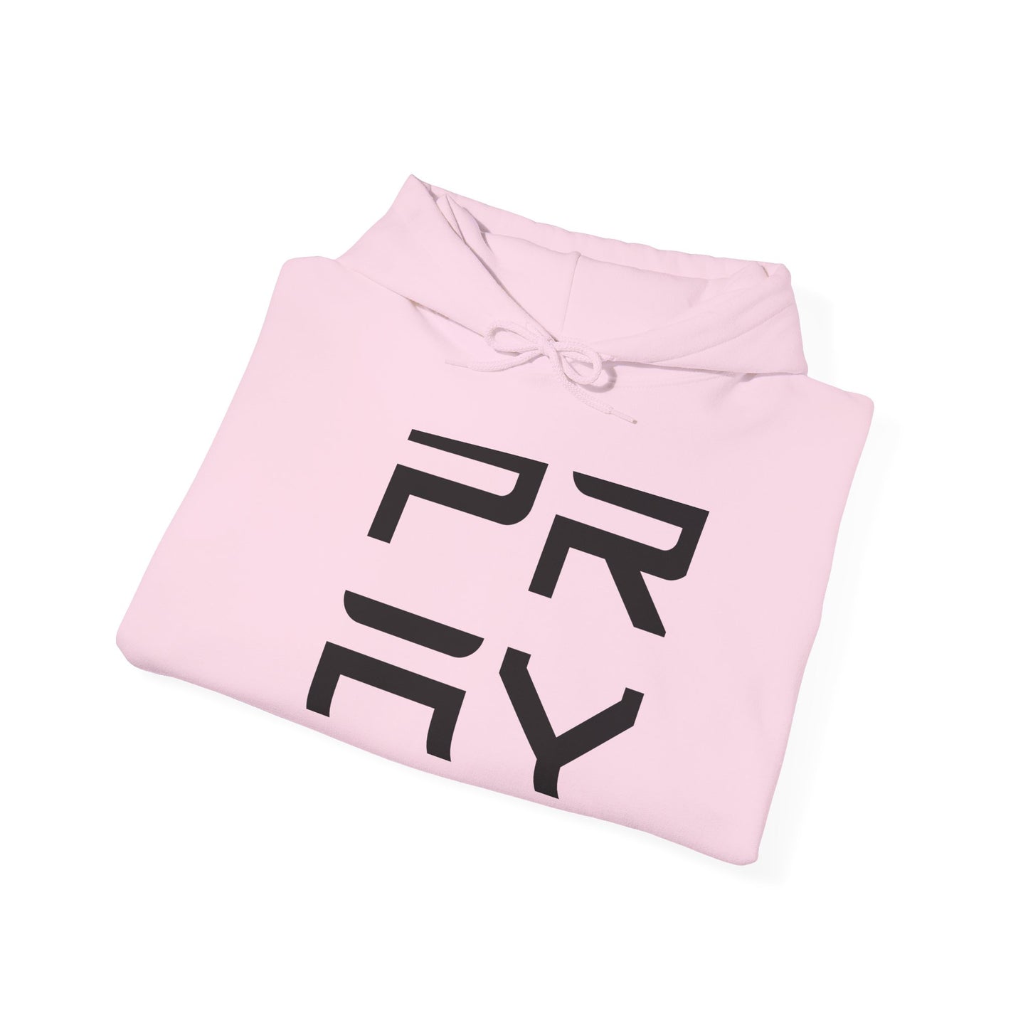 Folded pink Pray hoodie with black print, showcasing soft cotton-poly blend and adjustable drawstring hood.