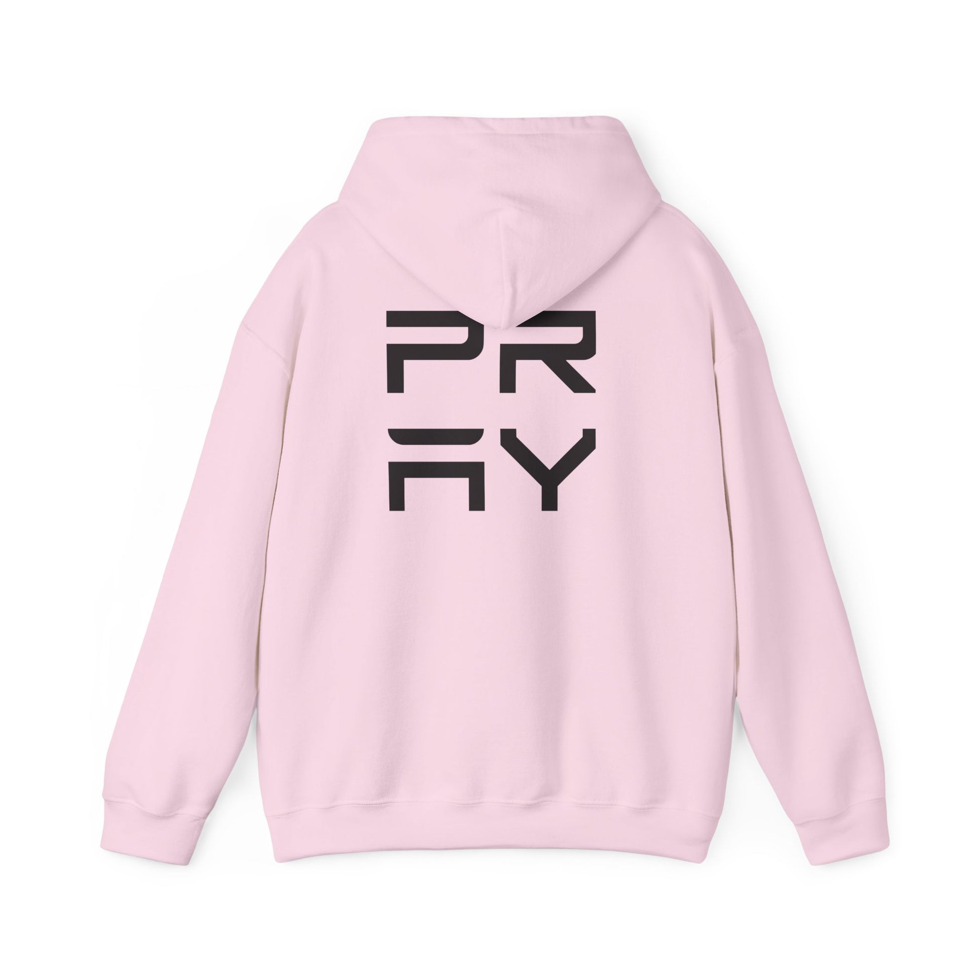 Back of pink Pray hoodie with bold black graphic, unisex fit and warm fleece interior for everyday fashion.