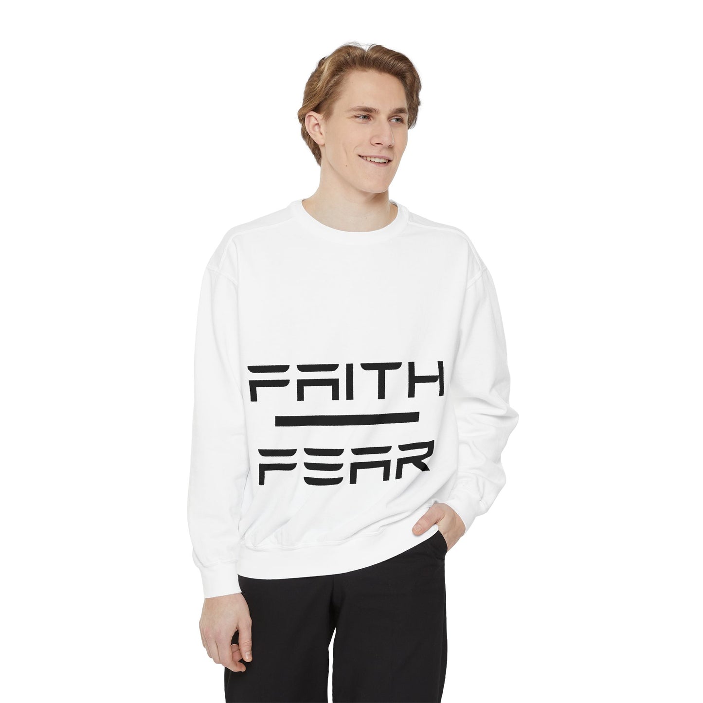 Model wearing white Faith Over Fear sweatshirt, styled for casual comfort and inspirational streetwear with bold black typography.