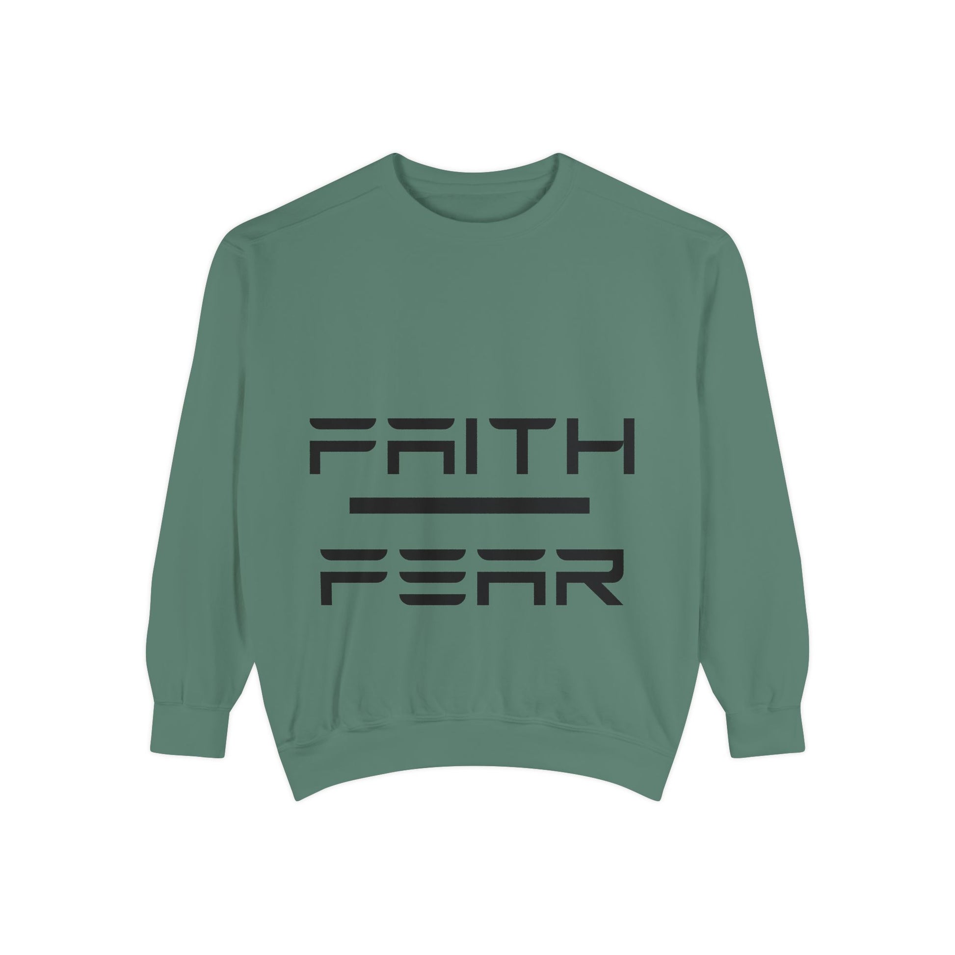 Sage green Faith Over Fear sweatshirt with bold black font, cozy unisex pullover perfect for casual wear and religious apparel gifting.