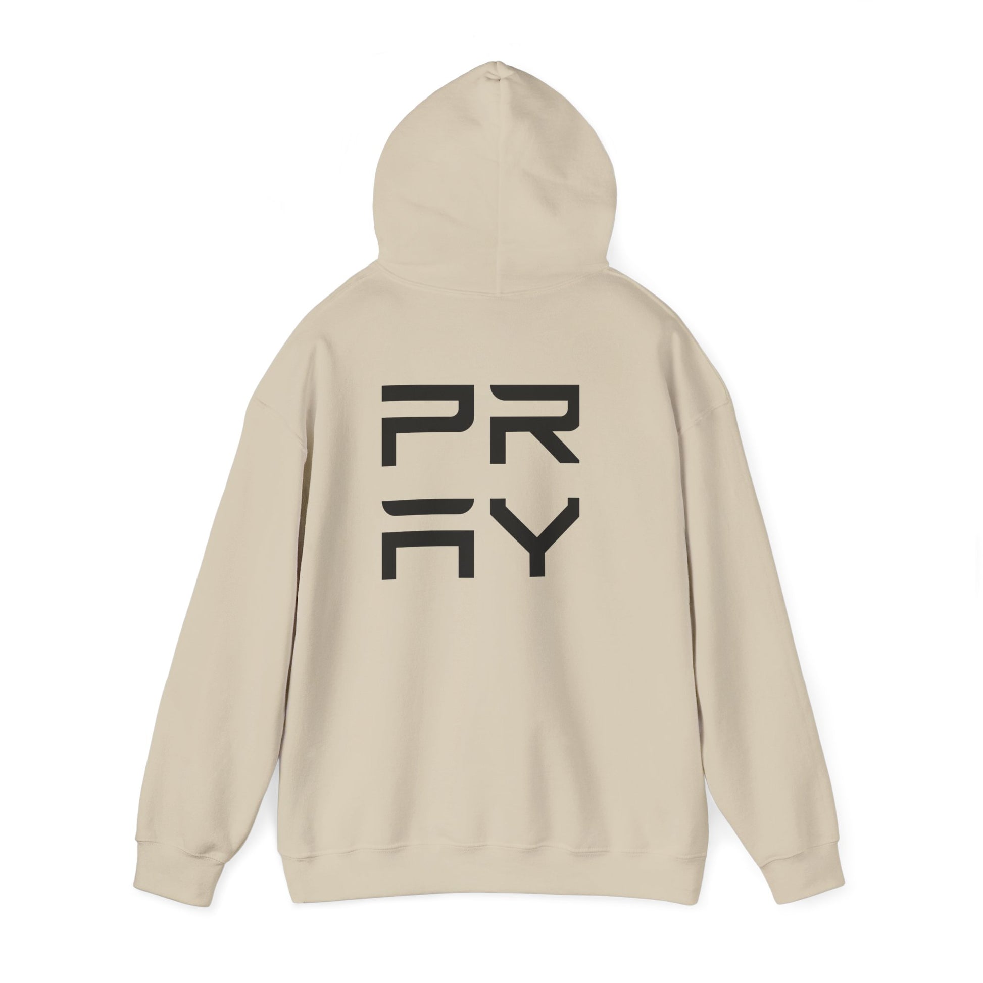 Beige Pray hoodie shown from the back, featuring large black graphic and relaxed silhouette for casual fashion.