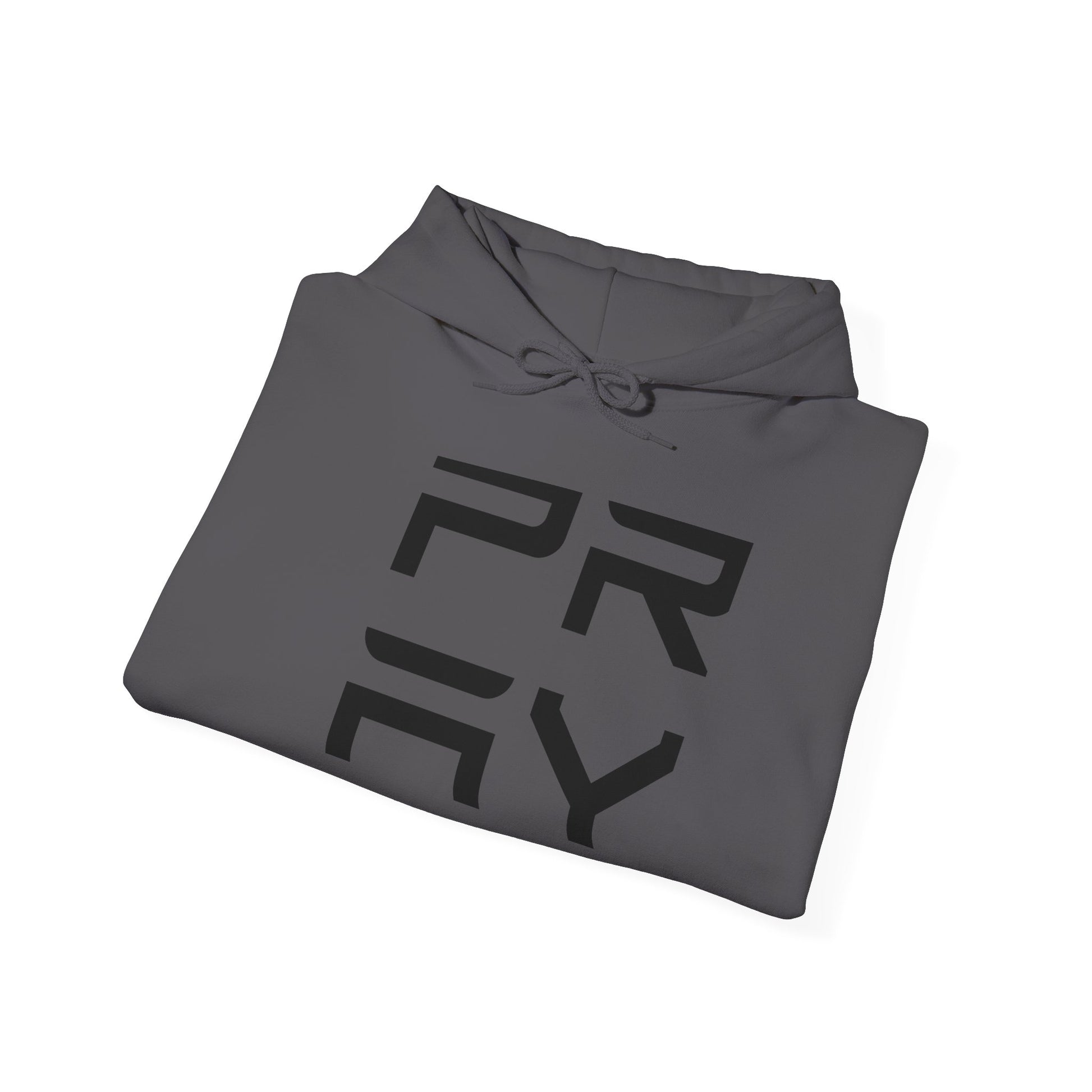 Folded charcoal gray Pray hoodie with black print, showcasing soft cotton-poly blend and drawstring hood.