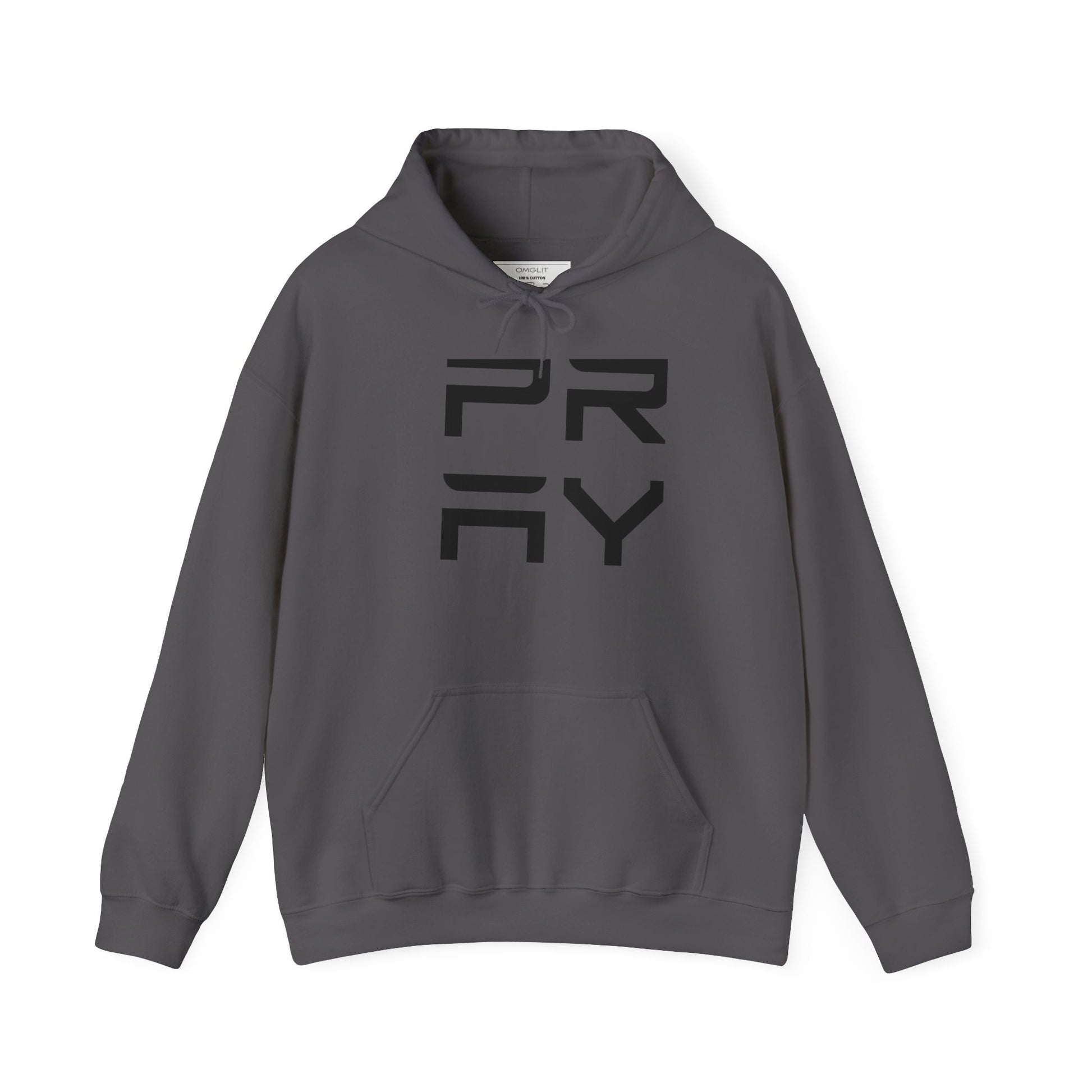 Charcoal gray Pray hoodie for men and women, featuring bold black graphic, kangaroo pocket and adjustable drawstring hood for warmth.