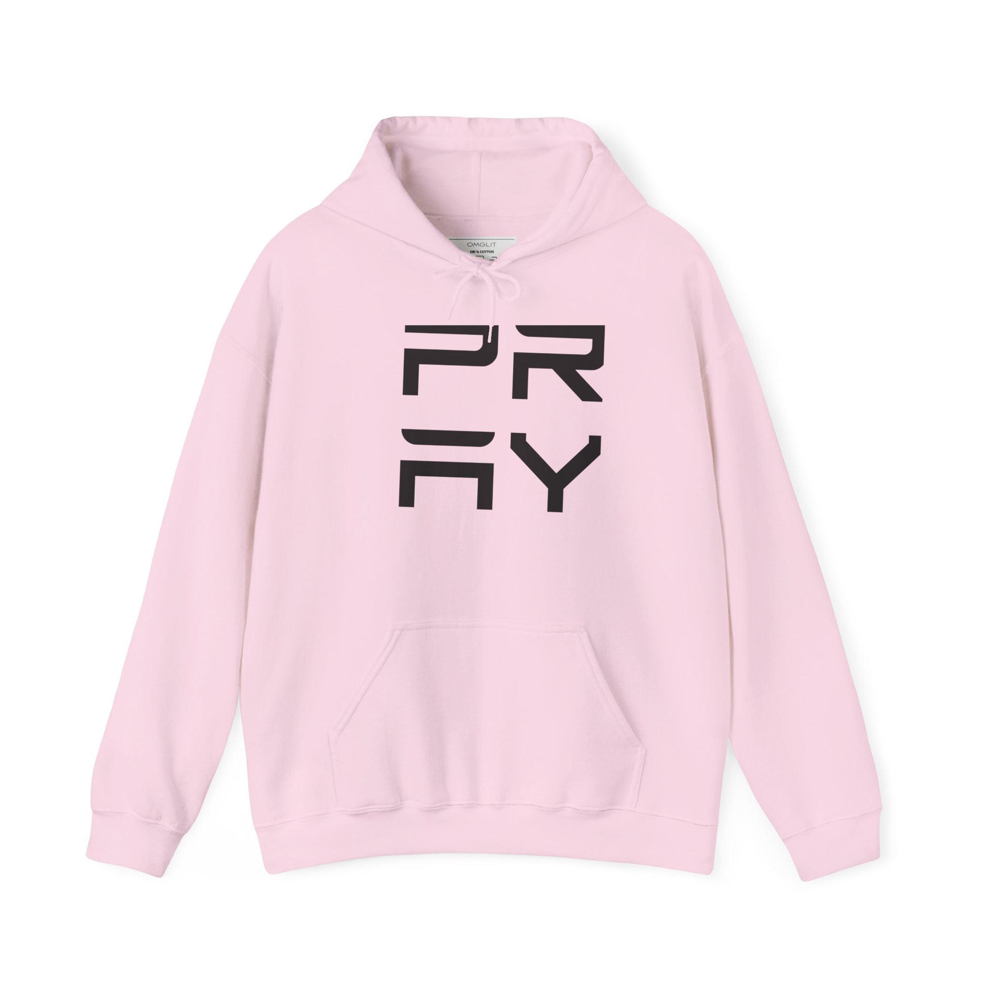 Pink unisex Pray hoodie with bold black lettering, regular fit and front pocket, perfect for casual and trendy everyday outfits.