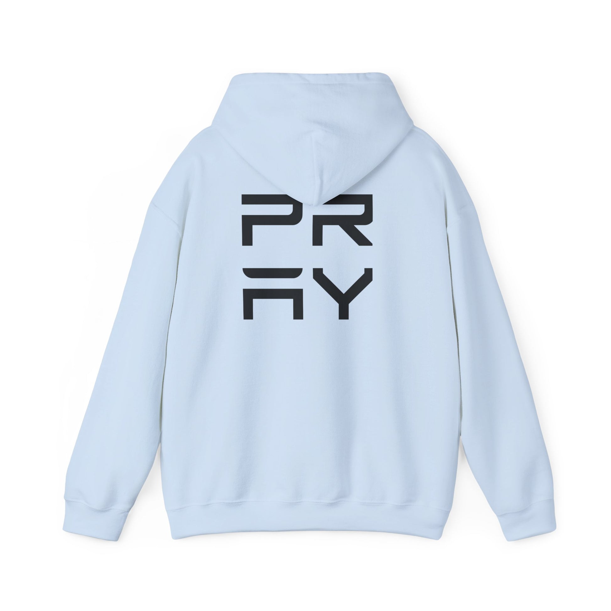 Back view of light blue Pray hoodie with bold black graphic, unisex fit and cozy fleece lining for cool weather comfort.