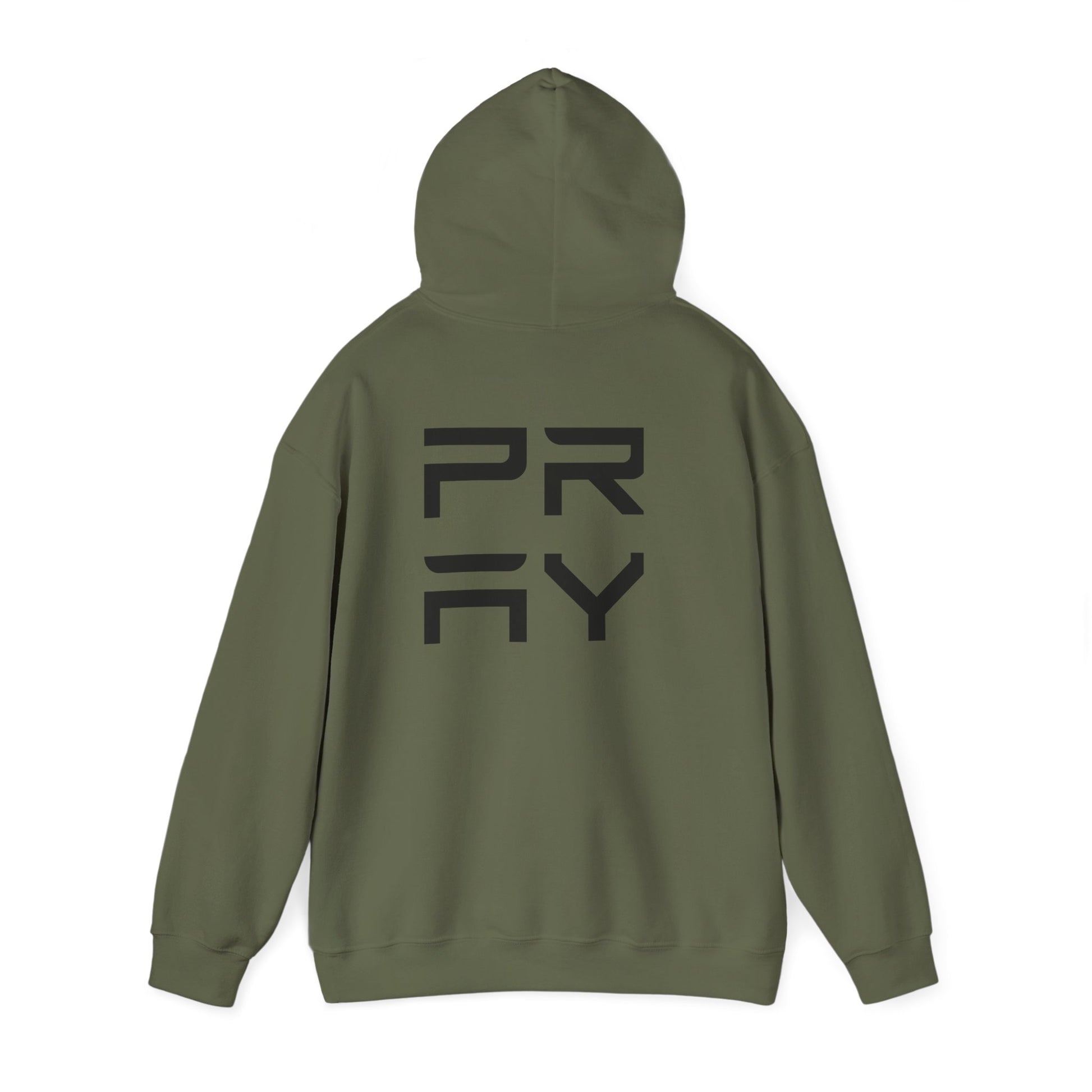 Olive green Pray hoodie shown from the back, featuring large black graphic and relaxed fit for streetwear style.
