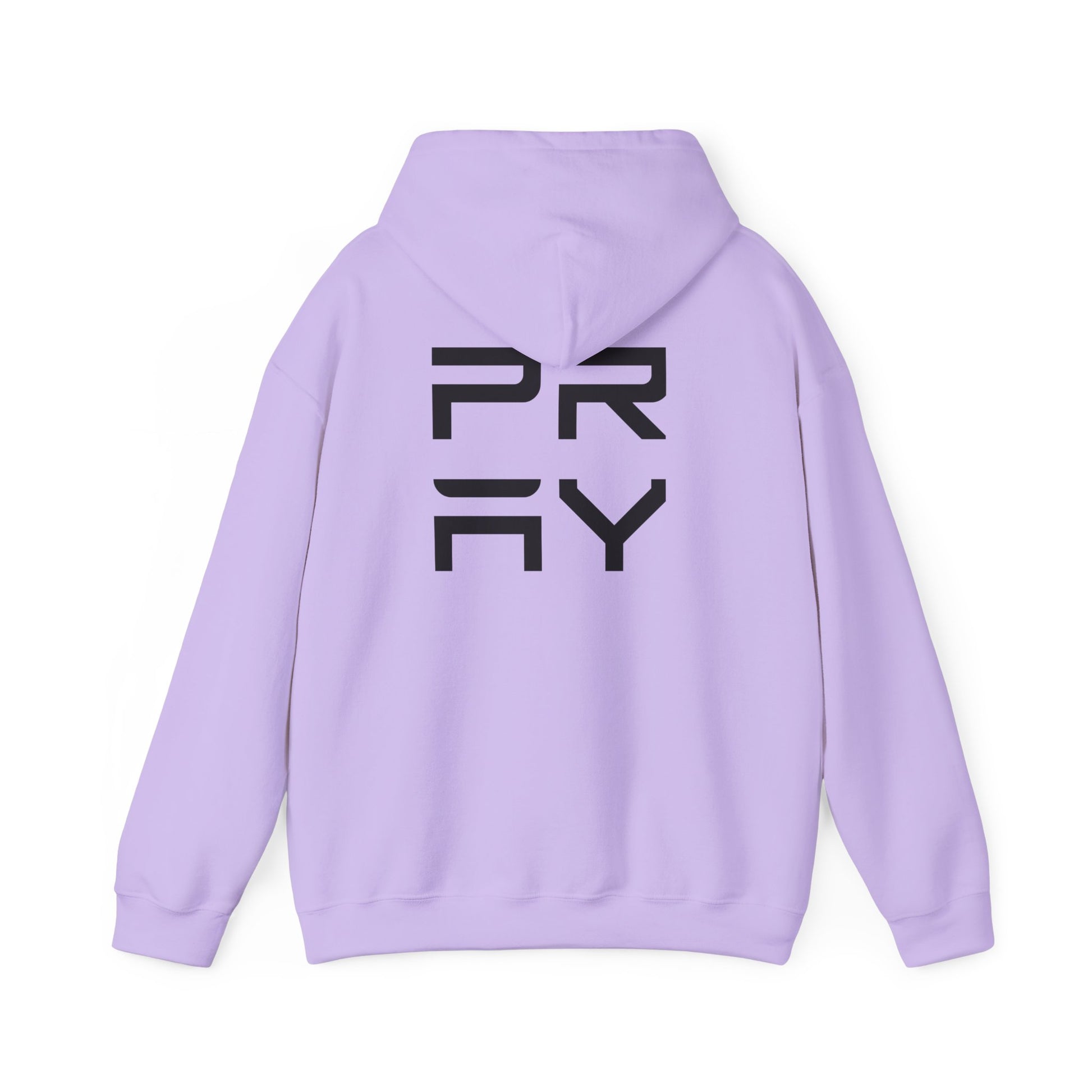 Back view of lavender Pray hoodie with bold black graphic, unisex fit and cozy fleece lining for stylish warmth.