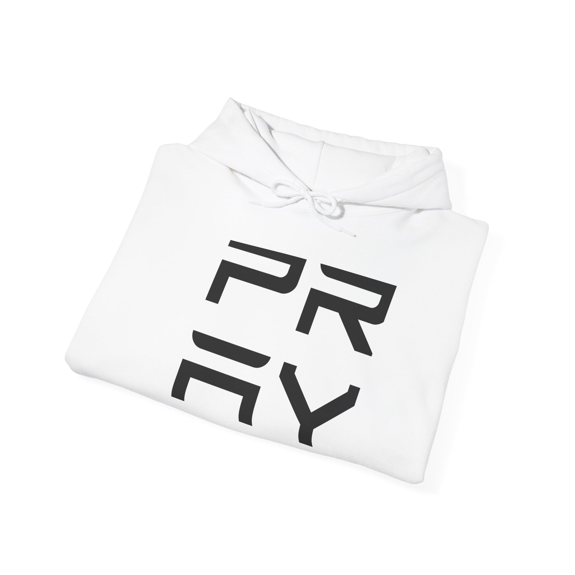 Folded white Pray hoodie with black text, showcasing soft fabric and drawstring hood, ideal for gifting or compact storage.