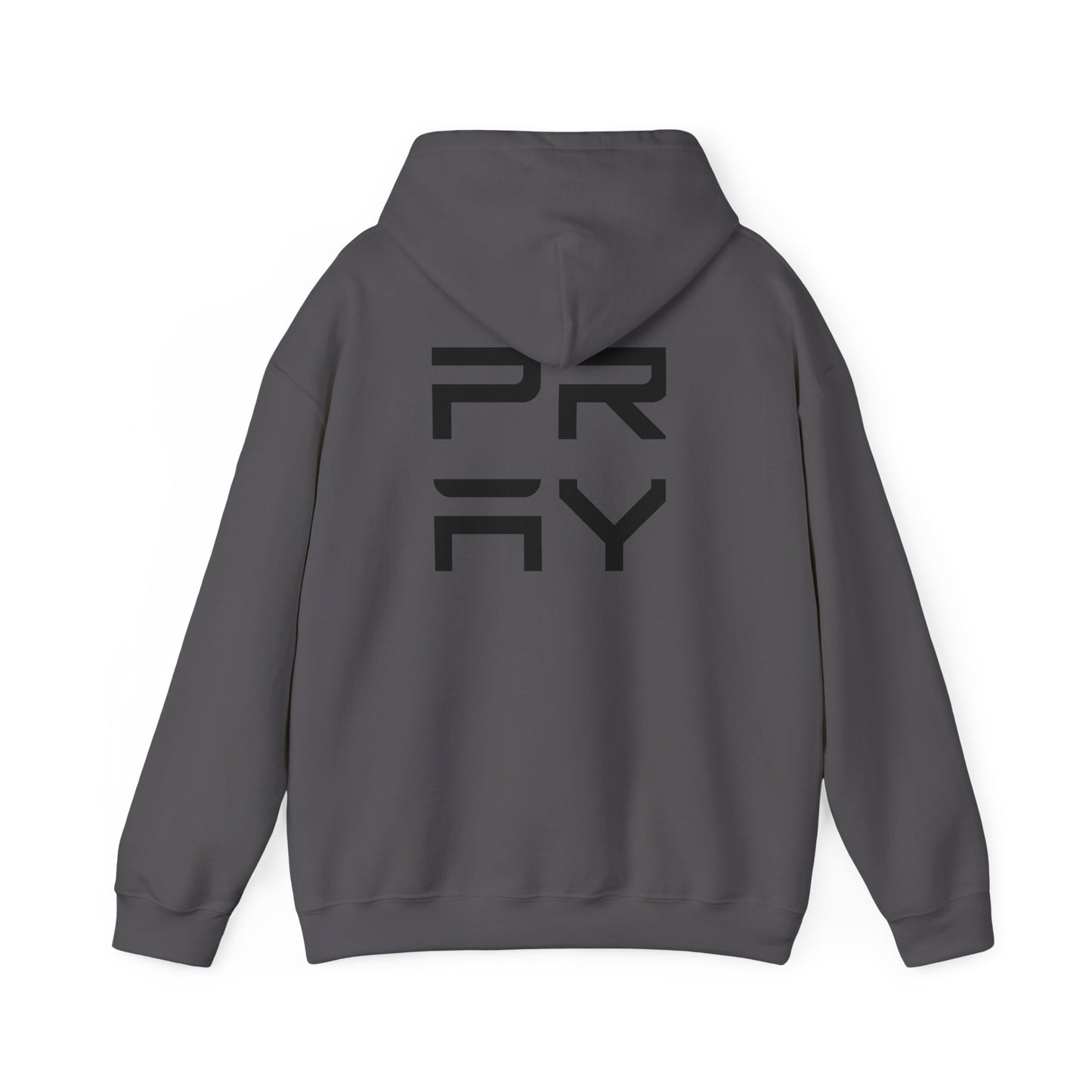 Back of charcoal gray Pray hoodie with bold black graphic, unisex fit and warm fleece interior for stylish comfort.