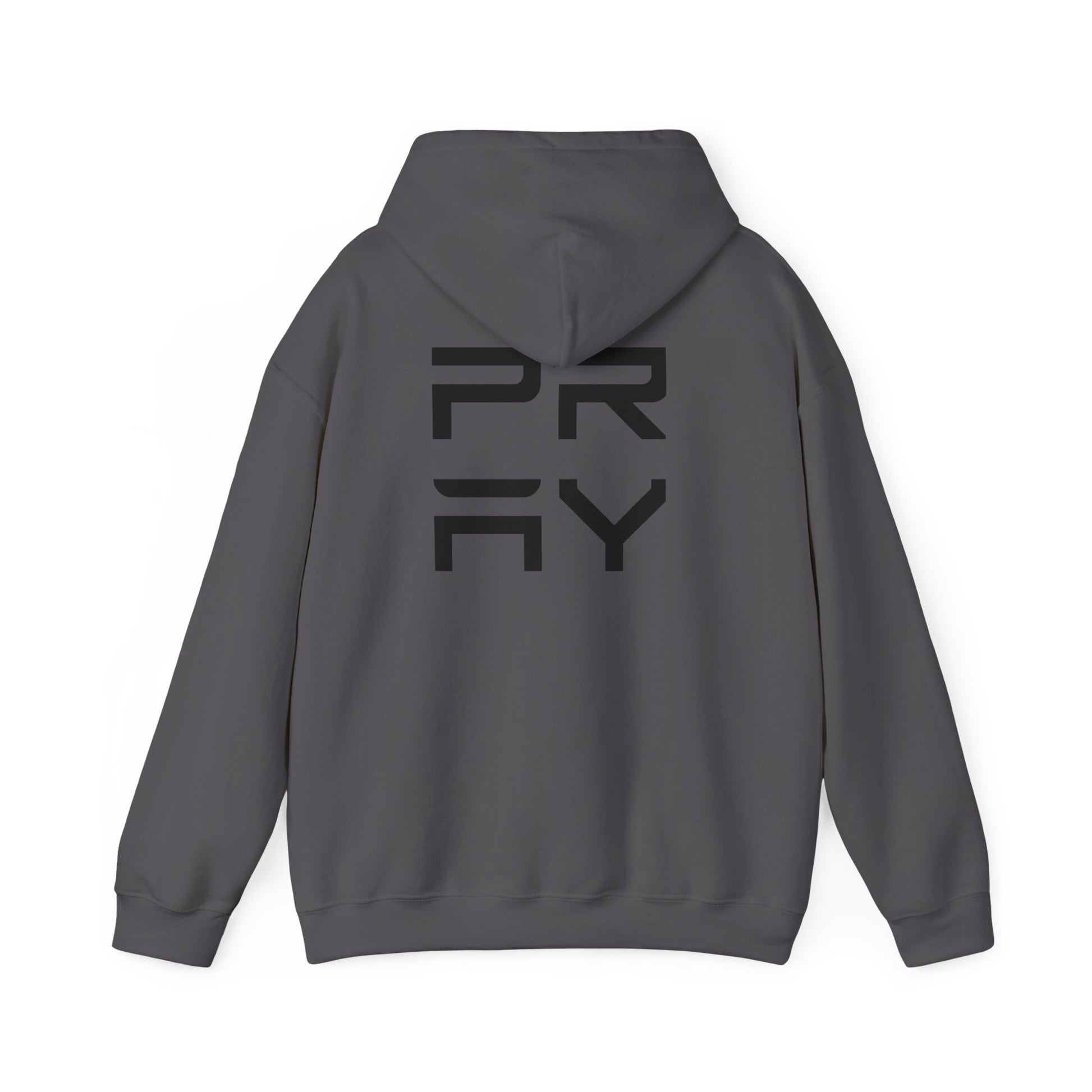 Back of charcoal gray Pray hoodie with bold black graphic, unisex fit and warm fleece interior for stylish comfort.