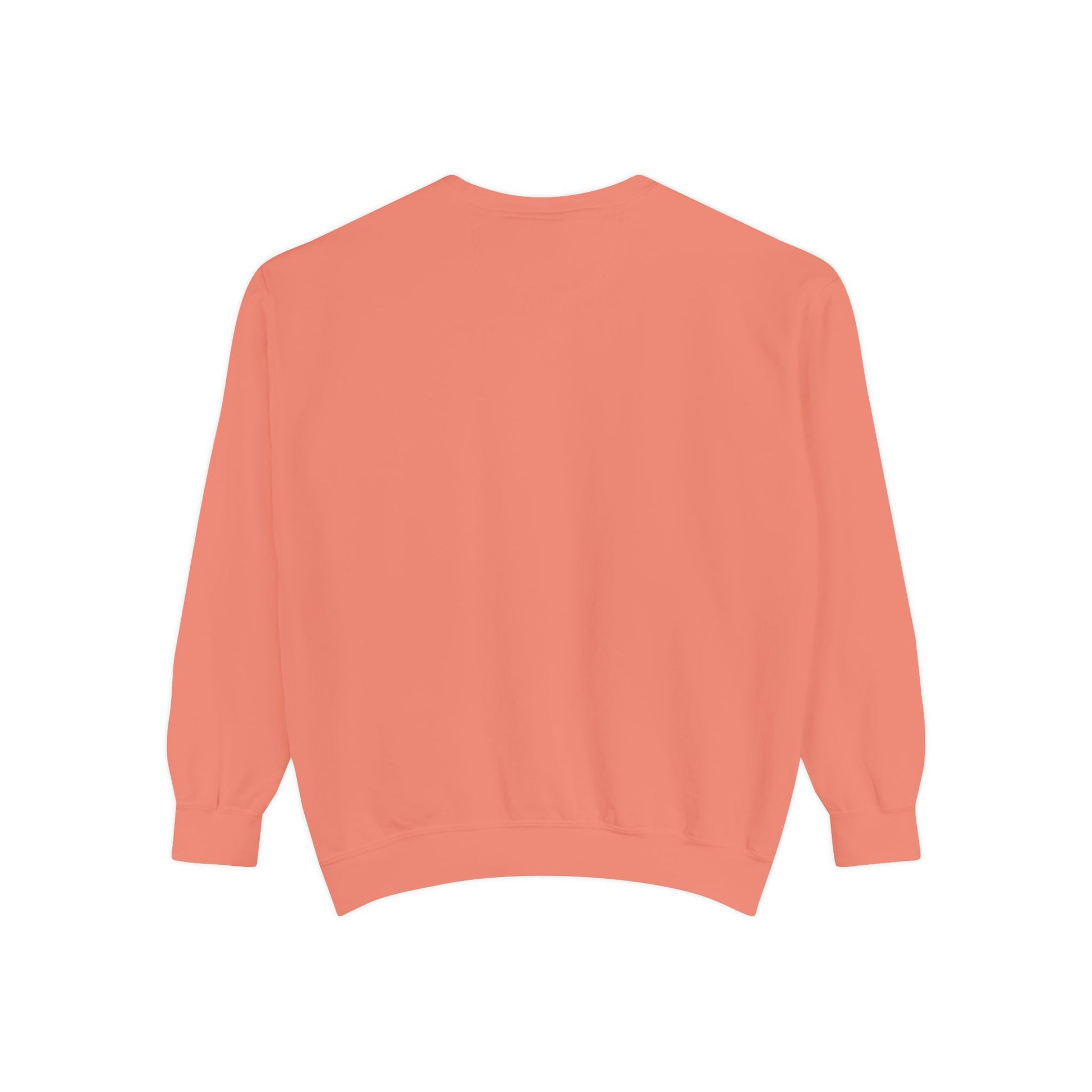 Back view of coral Faith Over Fear sweatshirt, showcasing solid color and soft fabric, ideal for cozy unisex casual wear.