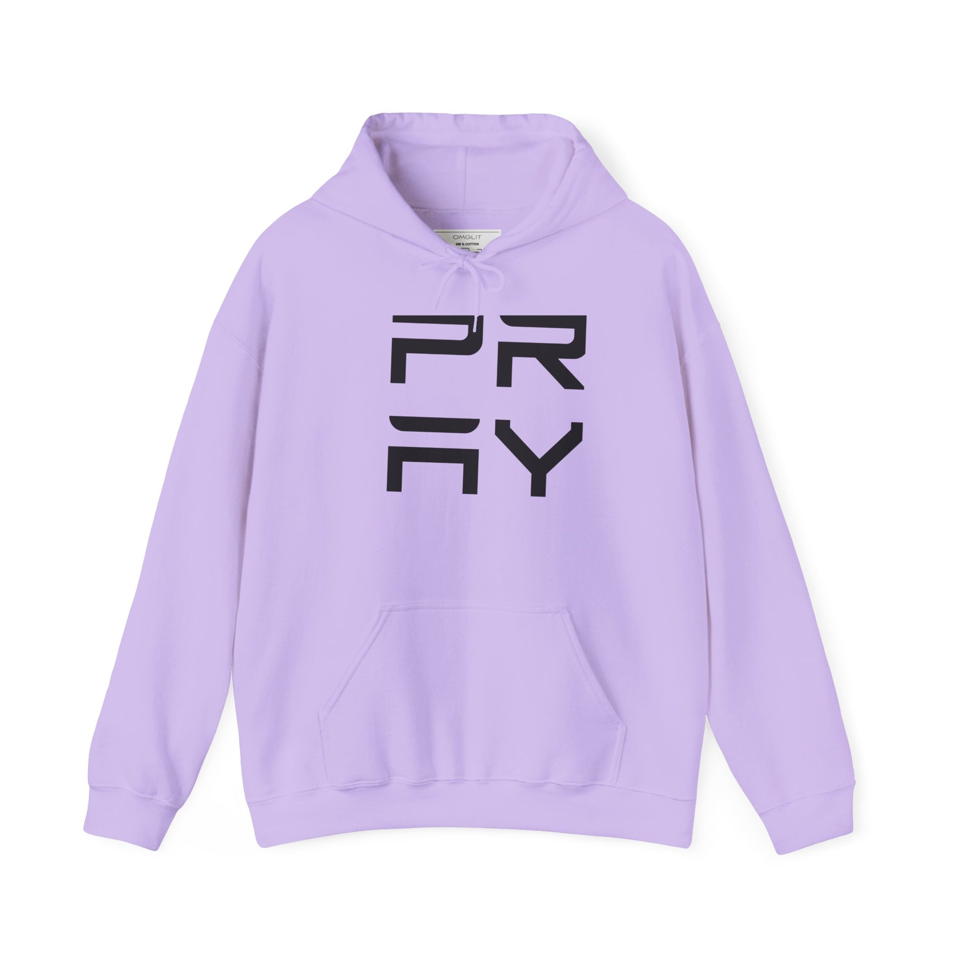 Lavender Pray hoodie sweatshirt with modern black print, unisex sizing and soft fleece interior for cozy, stylish wear.