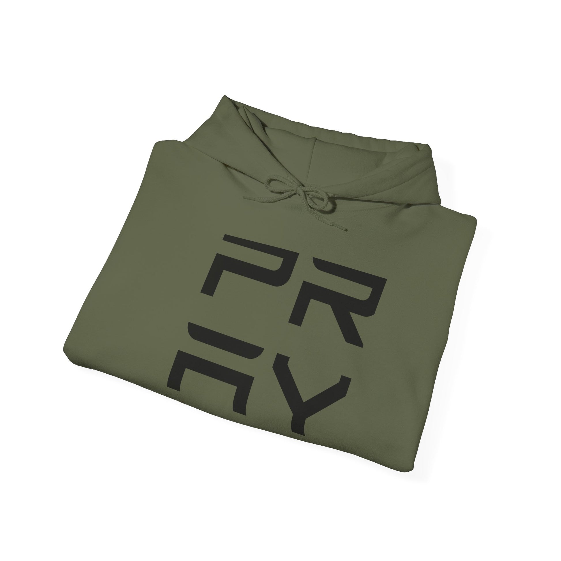 Folded olive green Pray hoodie with black text, showcasing soft cotton-poly blend and adjustable drawstring hood.
