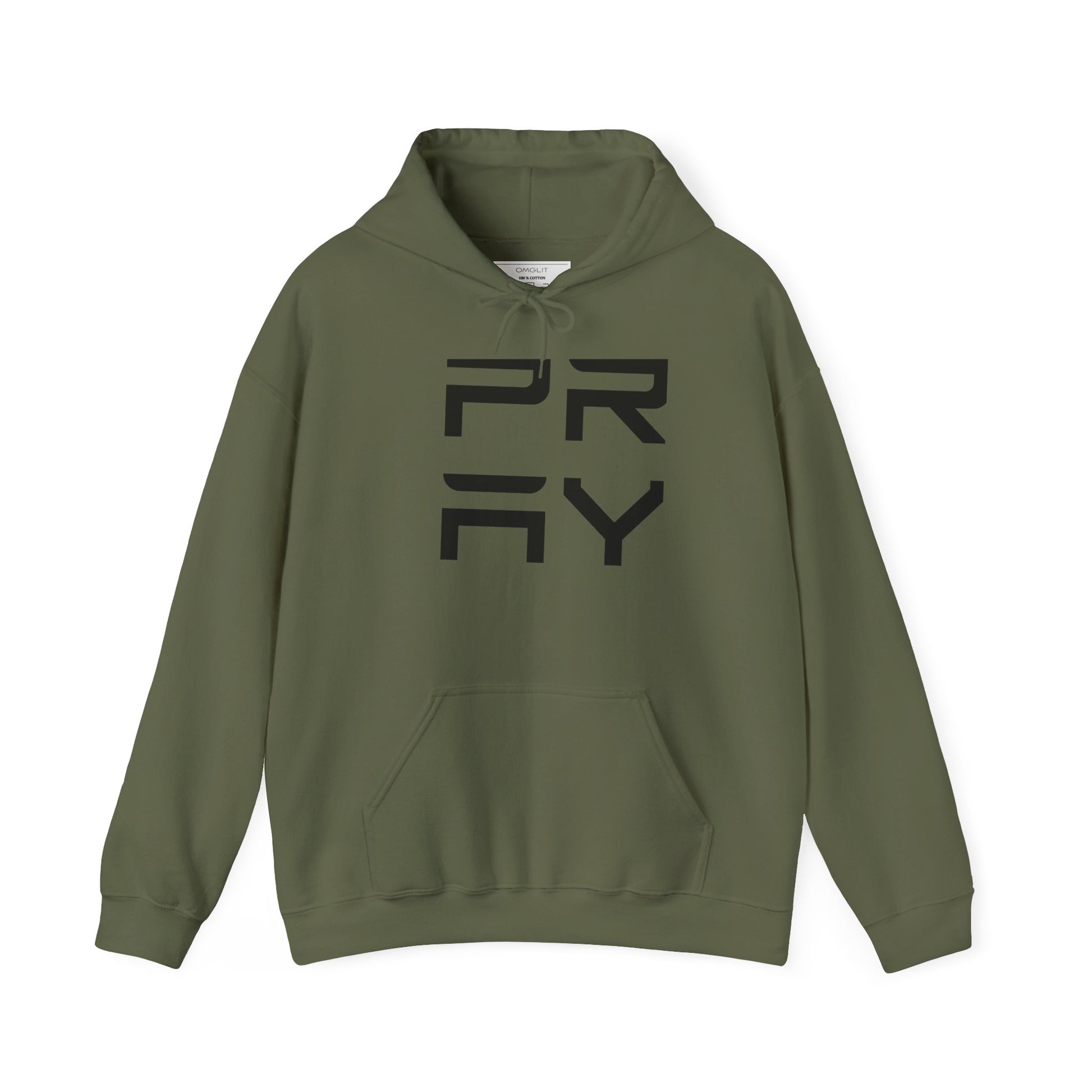 Olive green unisex Pray hoodie with minimalist black text design, warm fleece lining and front pouch pocket for casual streetwear style.