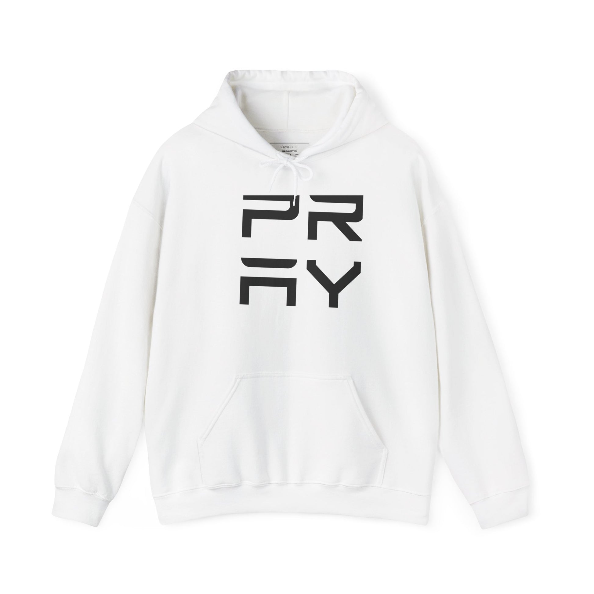 White unisex Pray hoodie sweatshirt with bold black graphic text, cozy cotton-poly blend and kangaroo pocket for stylish warmth.