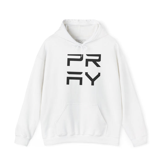 White unisex Pray hoodie sweatshirt with bold black graphic text, cozy cotton-poly blend and kangaroo pocket for stylish warmth.