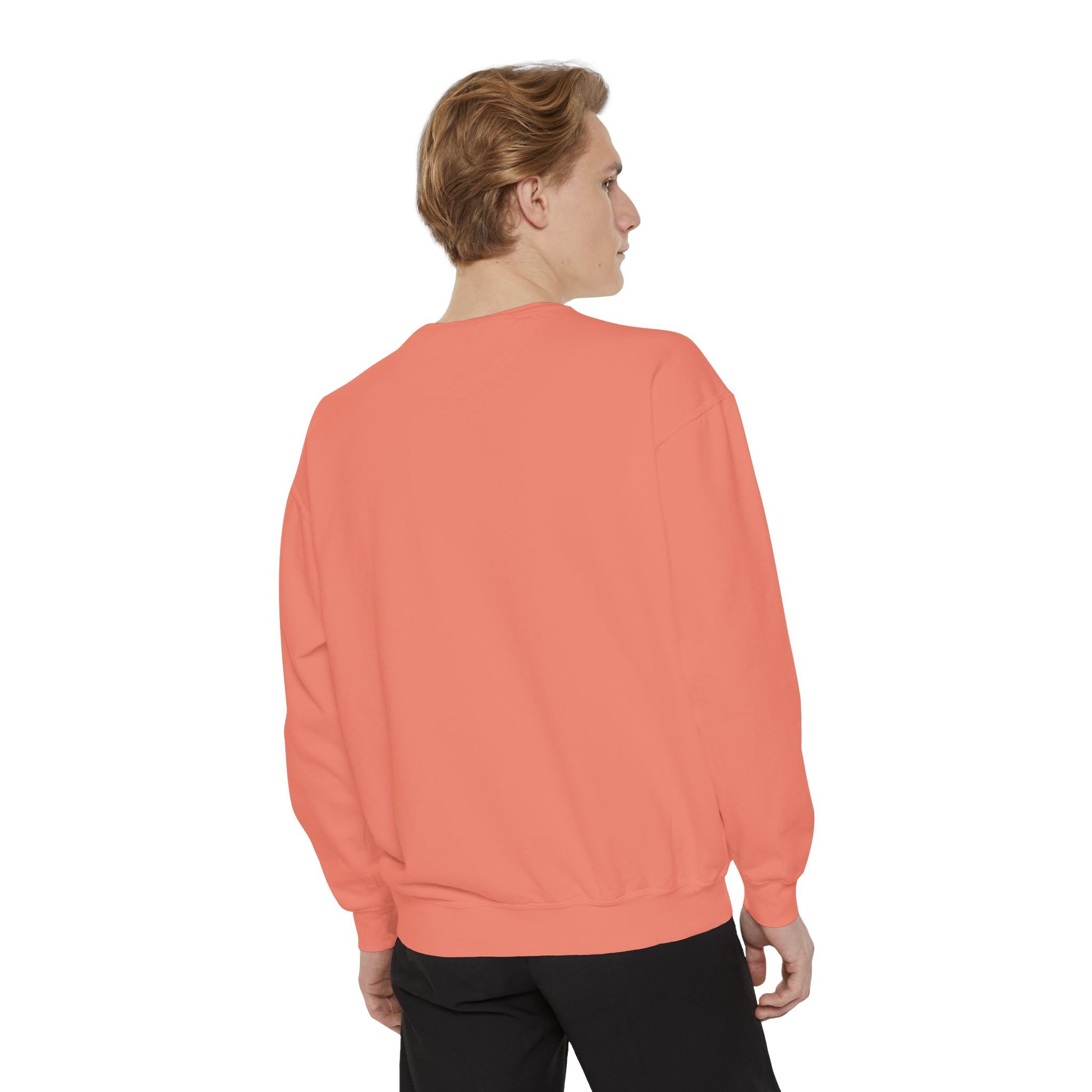 Back view of model in coral Faith Over Fear sweatshirt, showing relaxed fit and cozy design for unisex everyday wear.
