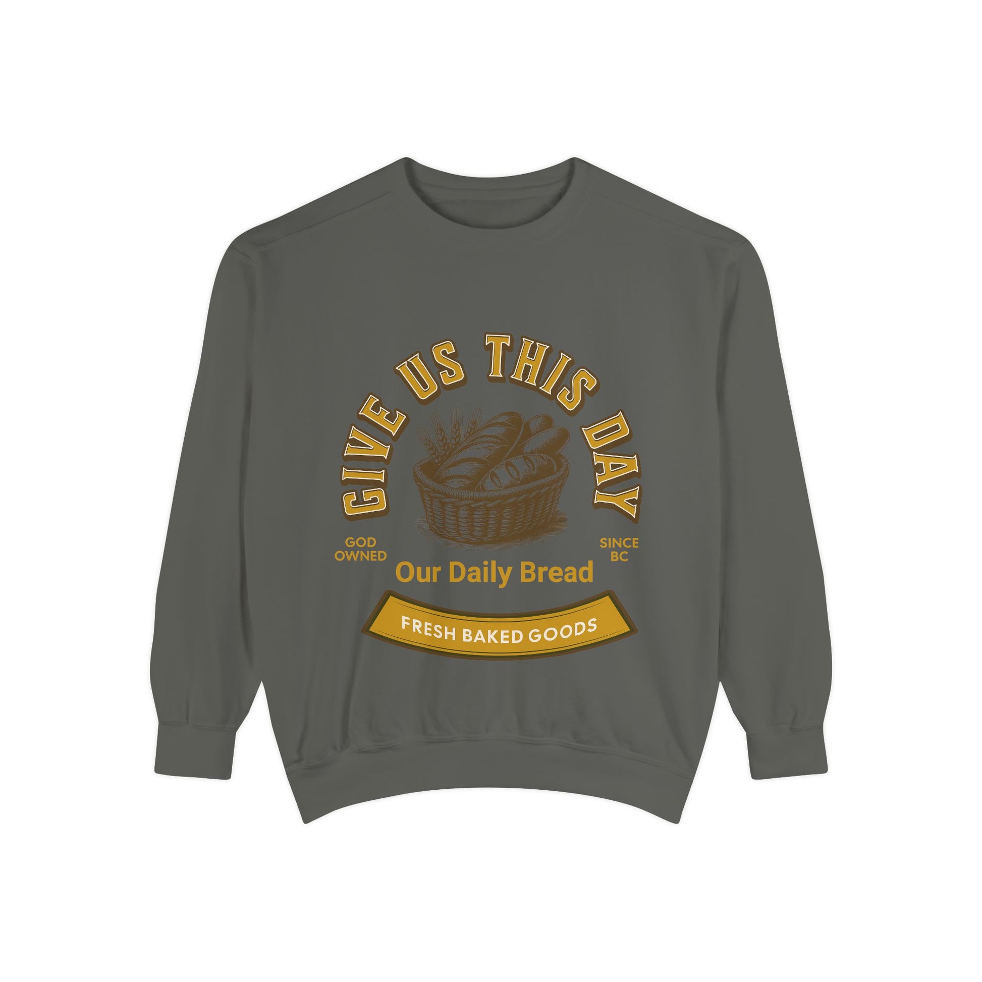 Charcoal gray Inspirational Crewneck Sweatshirt showcasing 'Give us this Day Our Daily Bread' and rustic bread basket. Unique unisex Christian pullover.